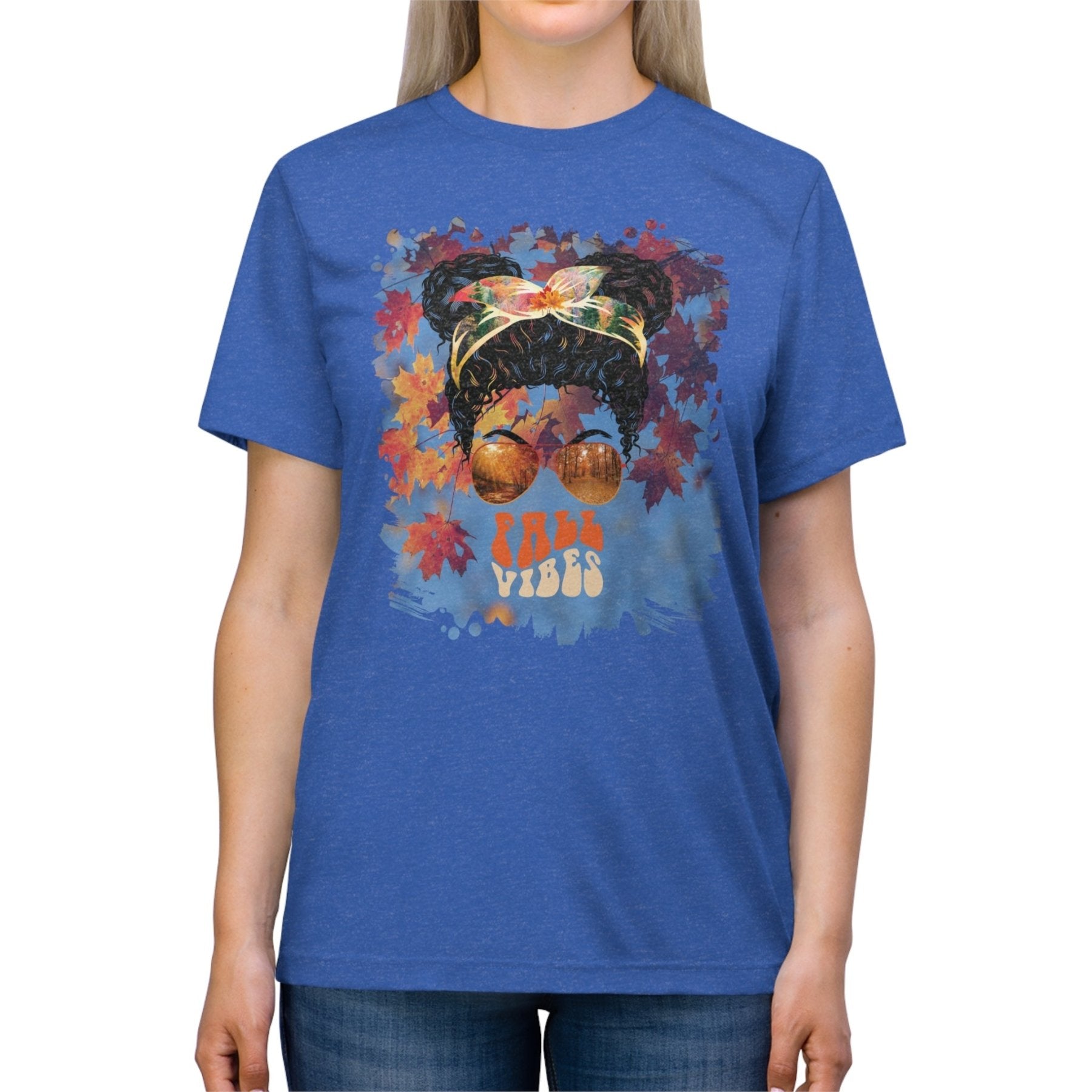 Fall Vibes Fall Sky, Black Hair Messy Bun, Unisex Triblend T - Shirt - Janlyn's Crafts