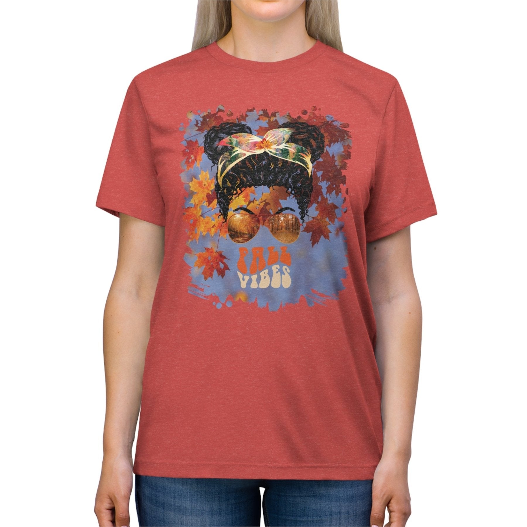 Fall Vibes Fall Sky, Black Hair Messy Bun, Unisex Triblend T - Shirt - Janlyn's Crafts