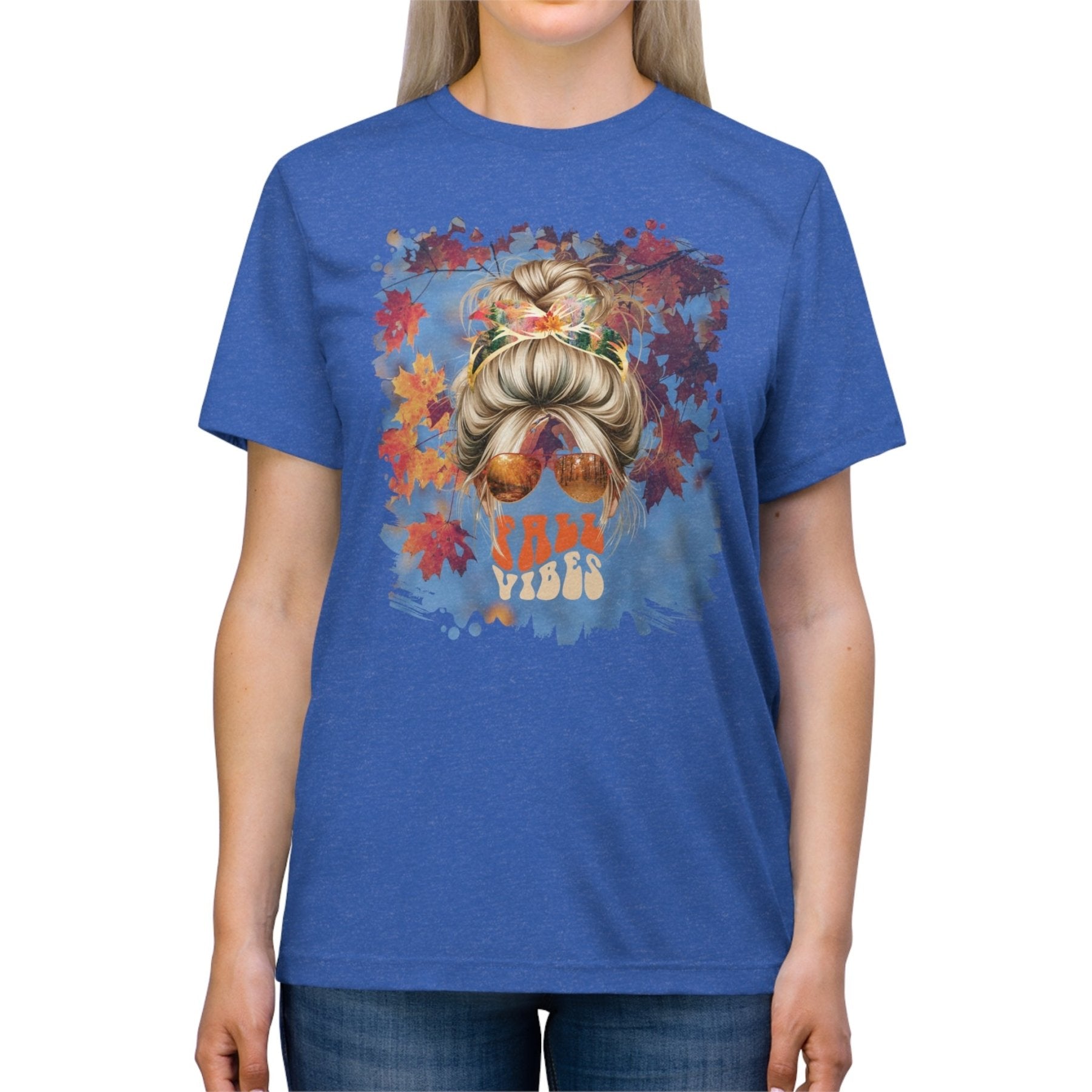 Fall Vibes Fall Sky, Blond Hair Messy Bun, Unisex Triblend T - Shirt - Janlyn's Crafts