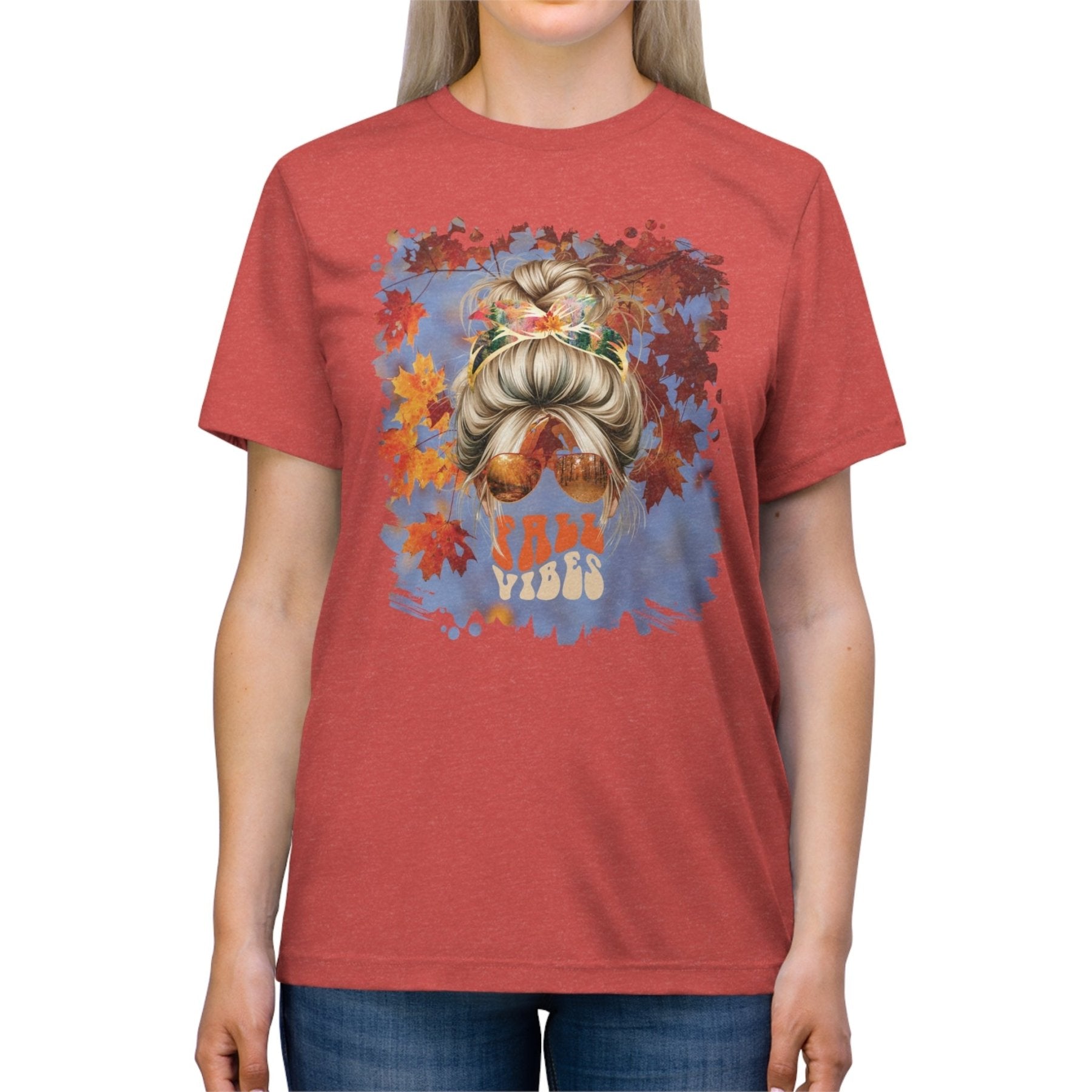 Fall Vibes Fall Sky, Blond Hair Messy Bun, Unisex Triblend T - Shirt - Janlyn's Crafts