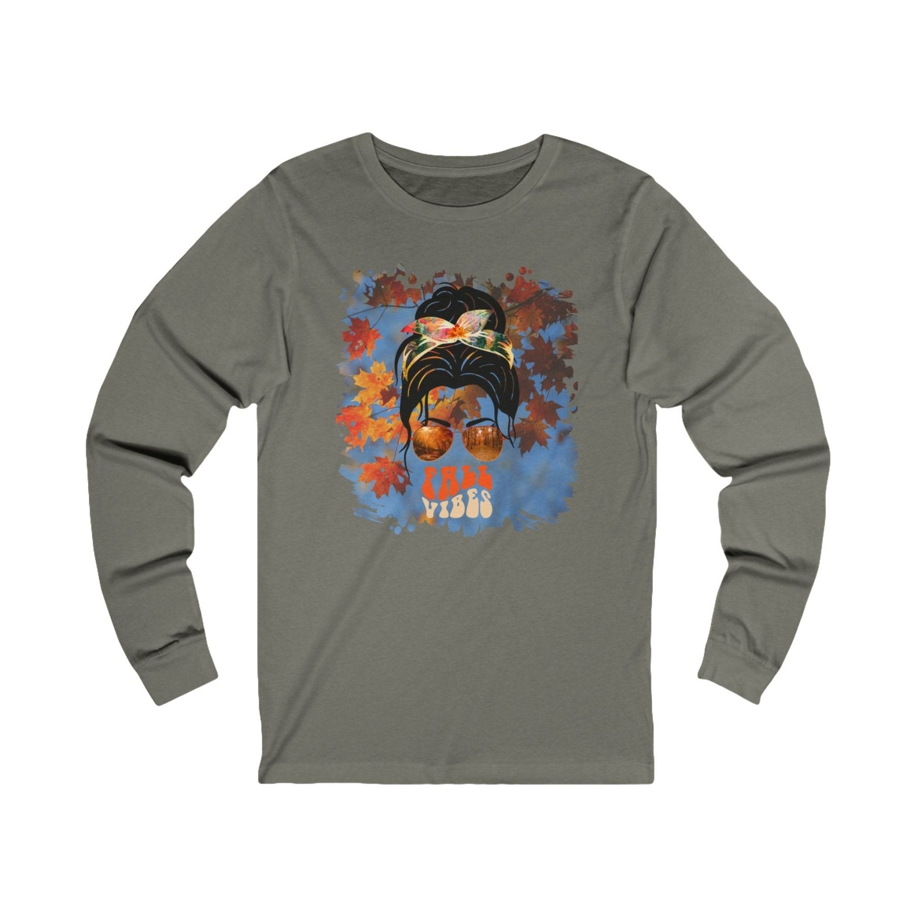 Fall Vibes Fall Sky, Dark Hair Messy Bun, Unisex Jersey Long Sleeve Tee - Janlyn's Crafts