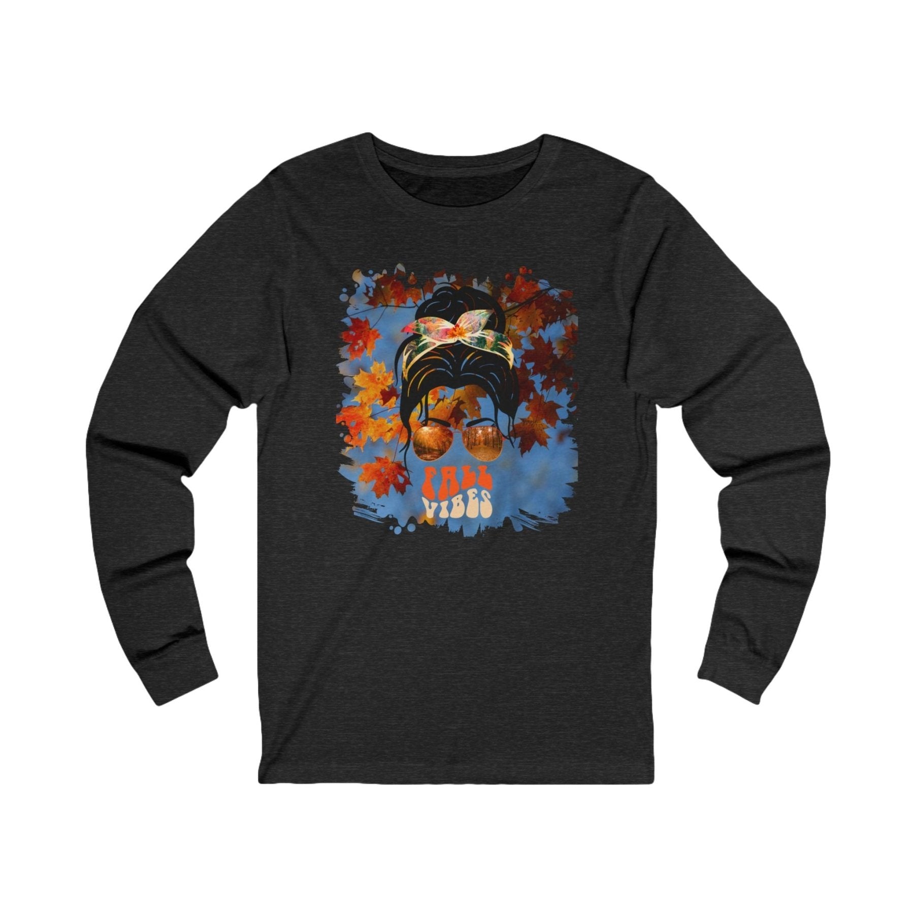 Fall Vibes Fall Sky, Dark Hair Messy Bun, Unisex Jersey Long Sleeve Tee - Janlyn's Crafts