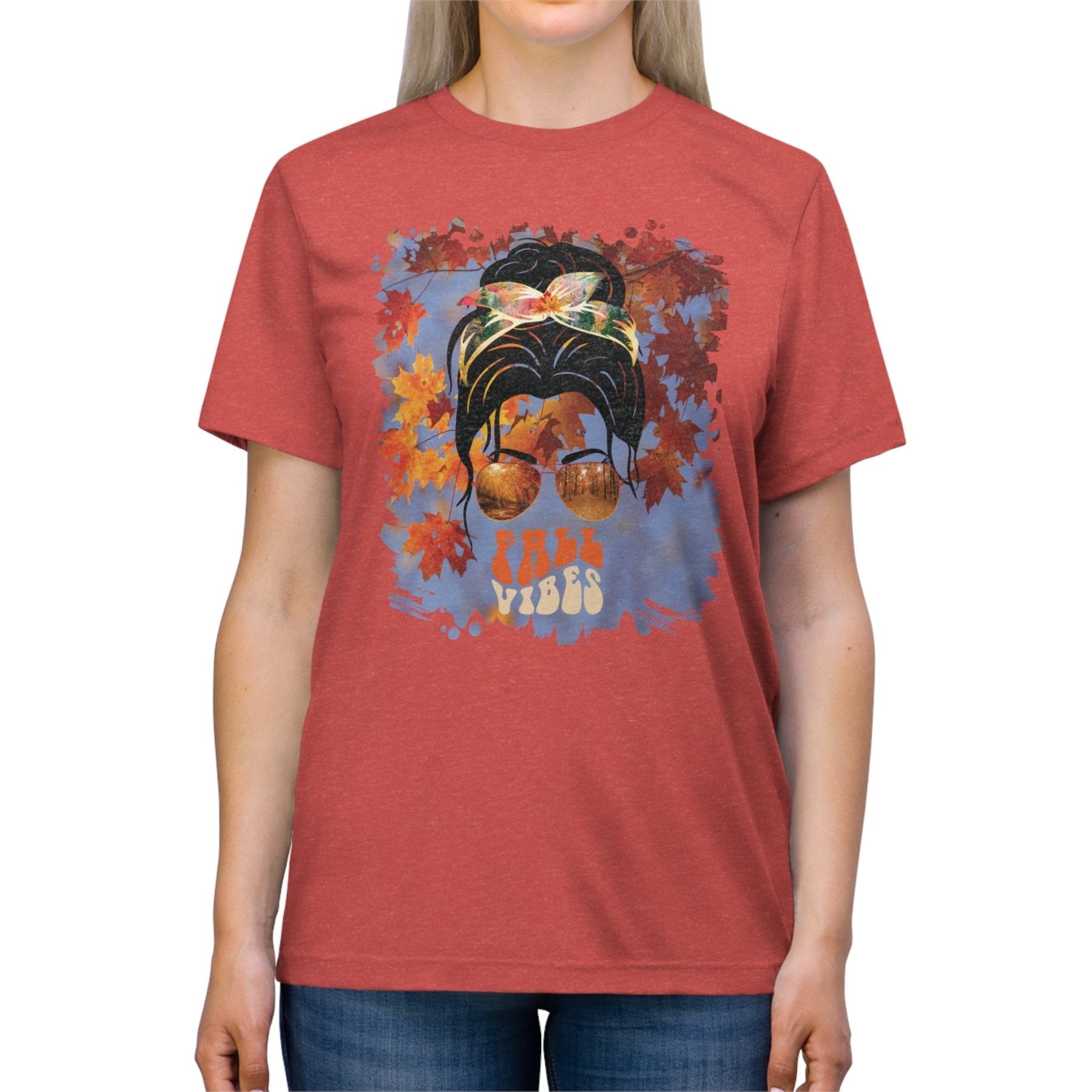 Fall Vibes Fall Sky, Dark Hair Messy Bun, Unisex Triblend T - Shirt - Janlyn's Crafts