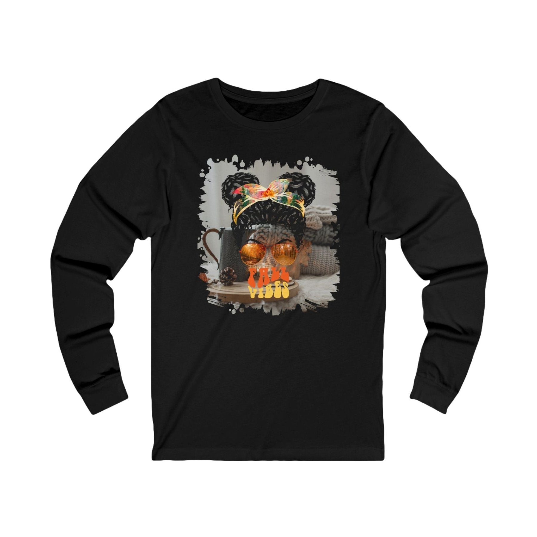 Fall Vibes Fall Sweater, Black Hair Messy Bun, Unisex Jersey Long Sleeve Tee - Janlyn's Crafts