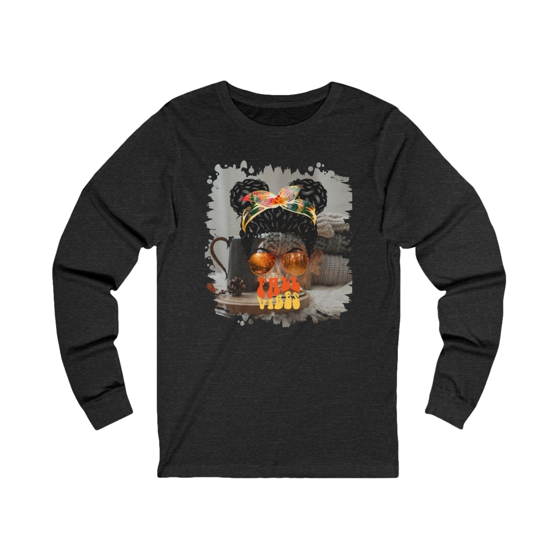 Fall Vibes Fall Sweater, Black Hair Messy Bun, Unisex Jersey Long Sleeve Tee - Janlyn's Crafts