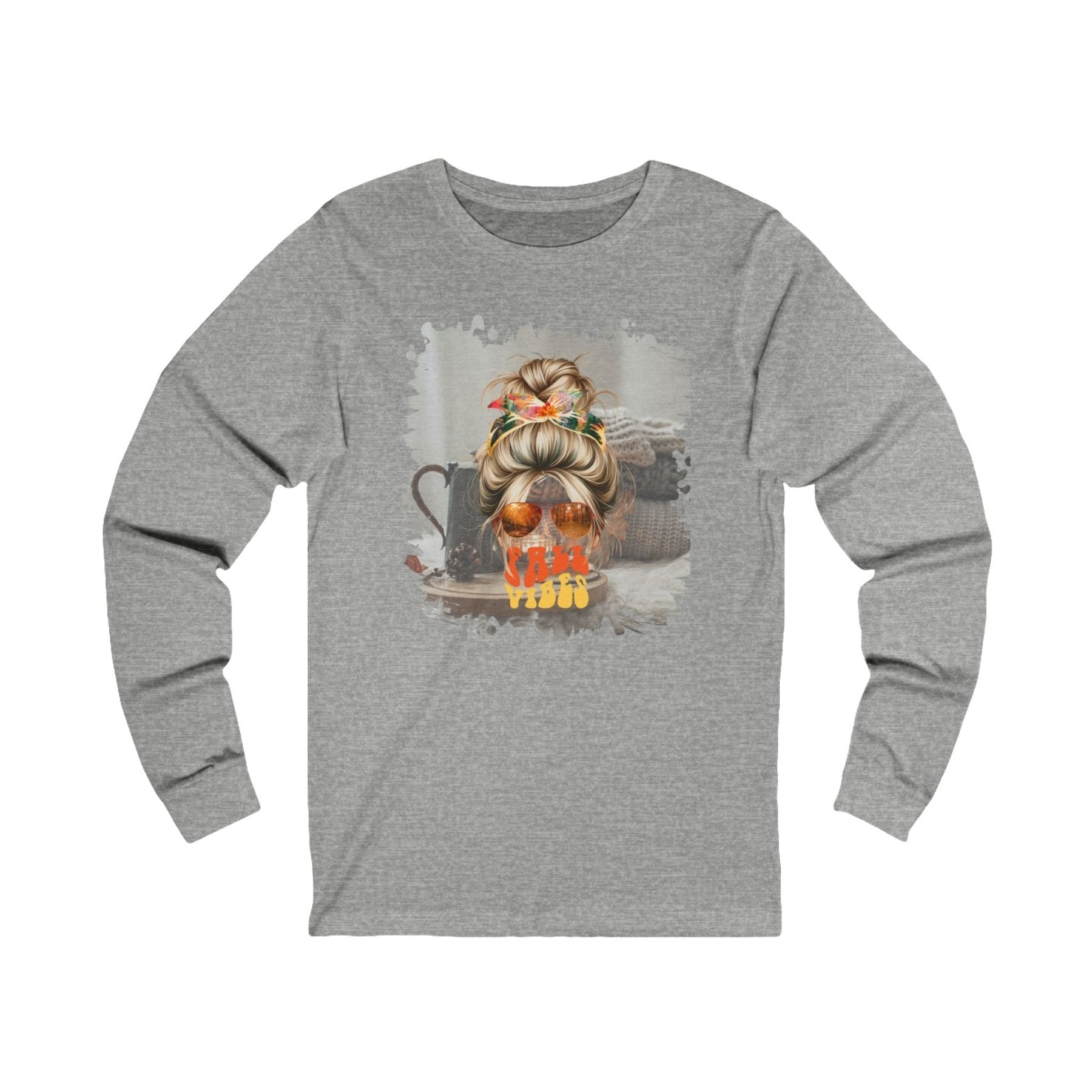 Fall Vibes Fall Sweater, Blond Hair Messy Bun, Unisex Jersey Long Sleeve Tee - Janlyn's Crafts