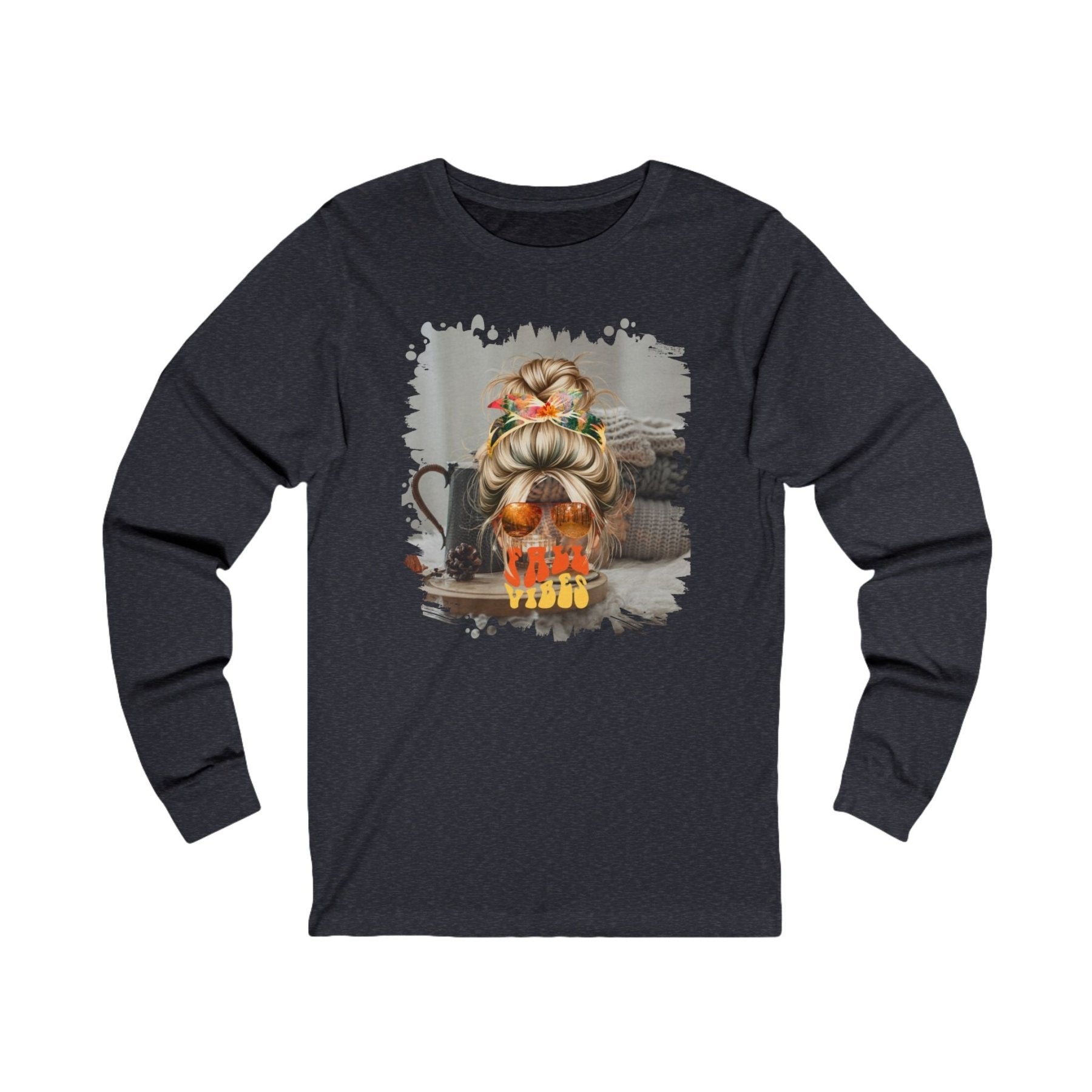 Fall Vibes Fall Sweater, Blond Hair Messy Bun, Unisex Jersey Long Sleeve Tee - Janlyn's Crafts