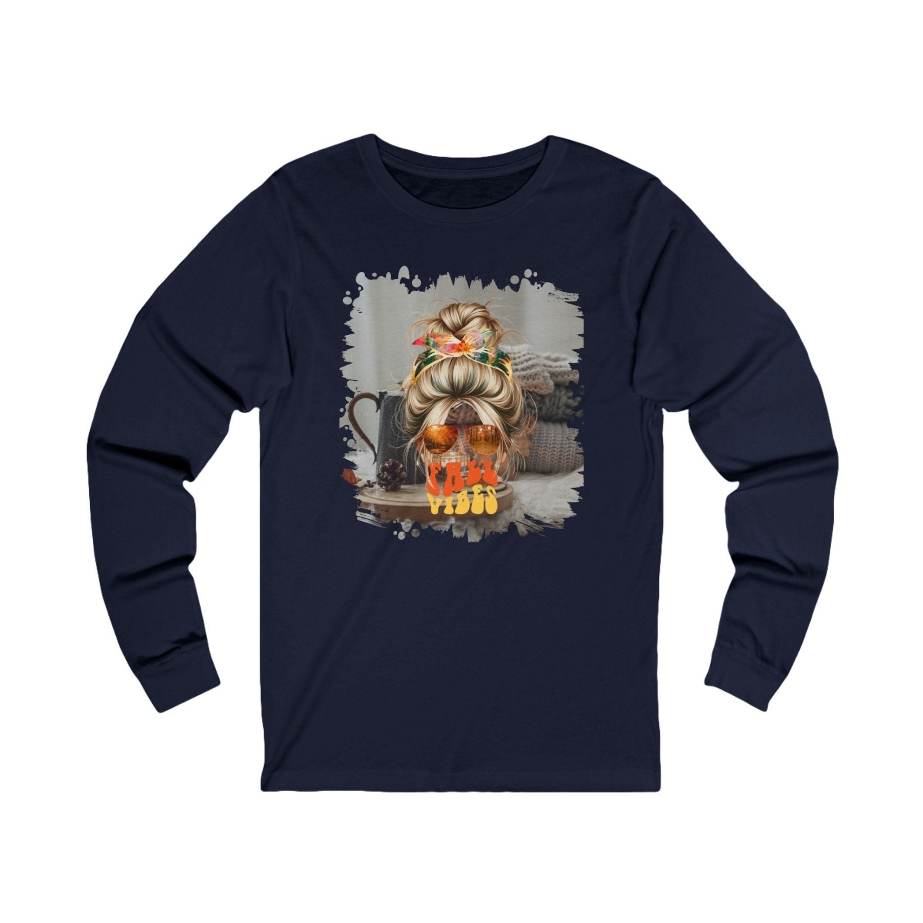 Fall Vibes Fall Sweater, Blond Hair Messy Bun, Unisex Jersey Long Sleeve Tee - Janlyn's Crafts