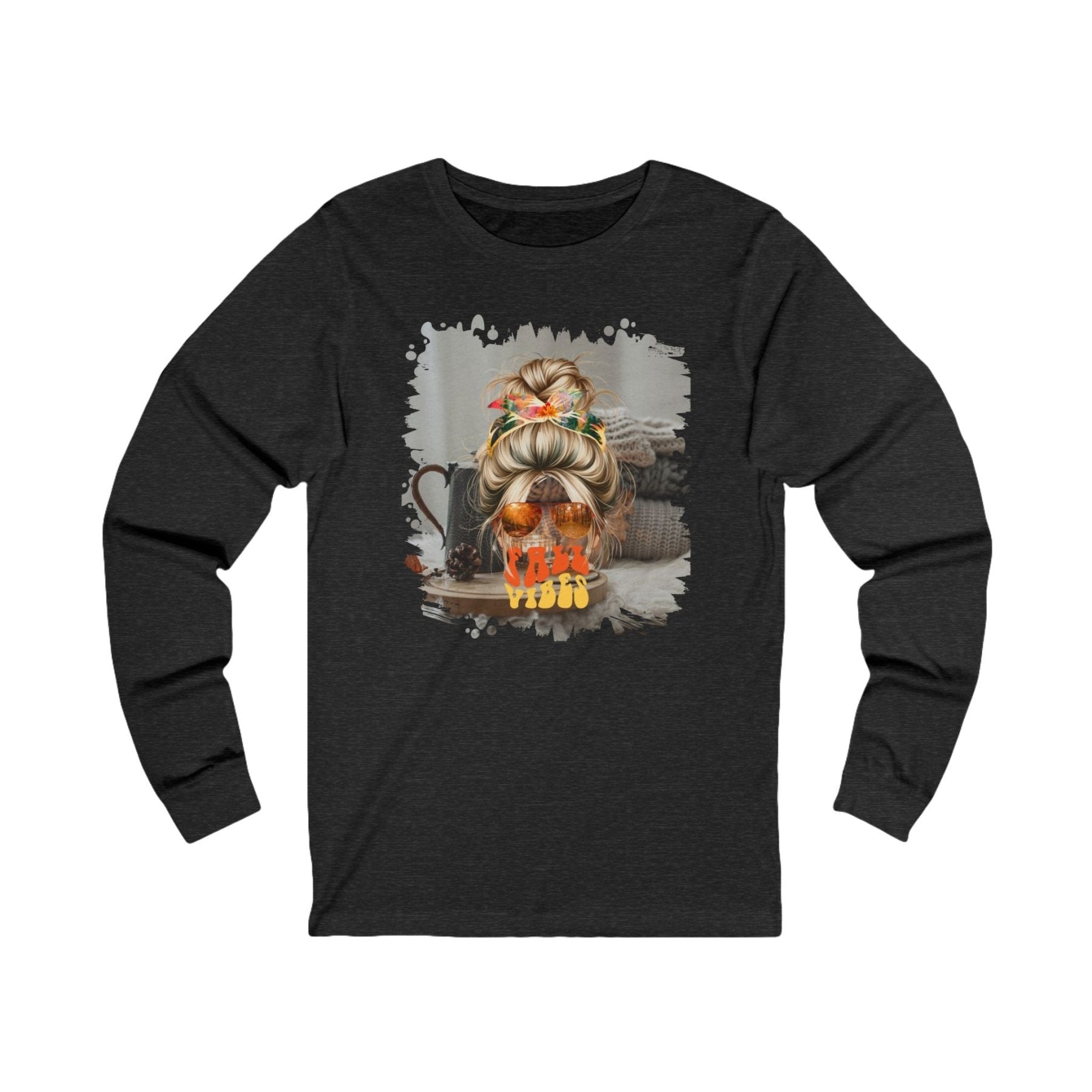 Fall Vibes Fall Sweater, Blond Hair Messy Bun, Unisex Jersey Long Sleeve Tee - Janlyn's Crafts