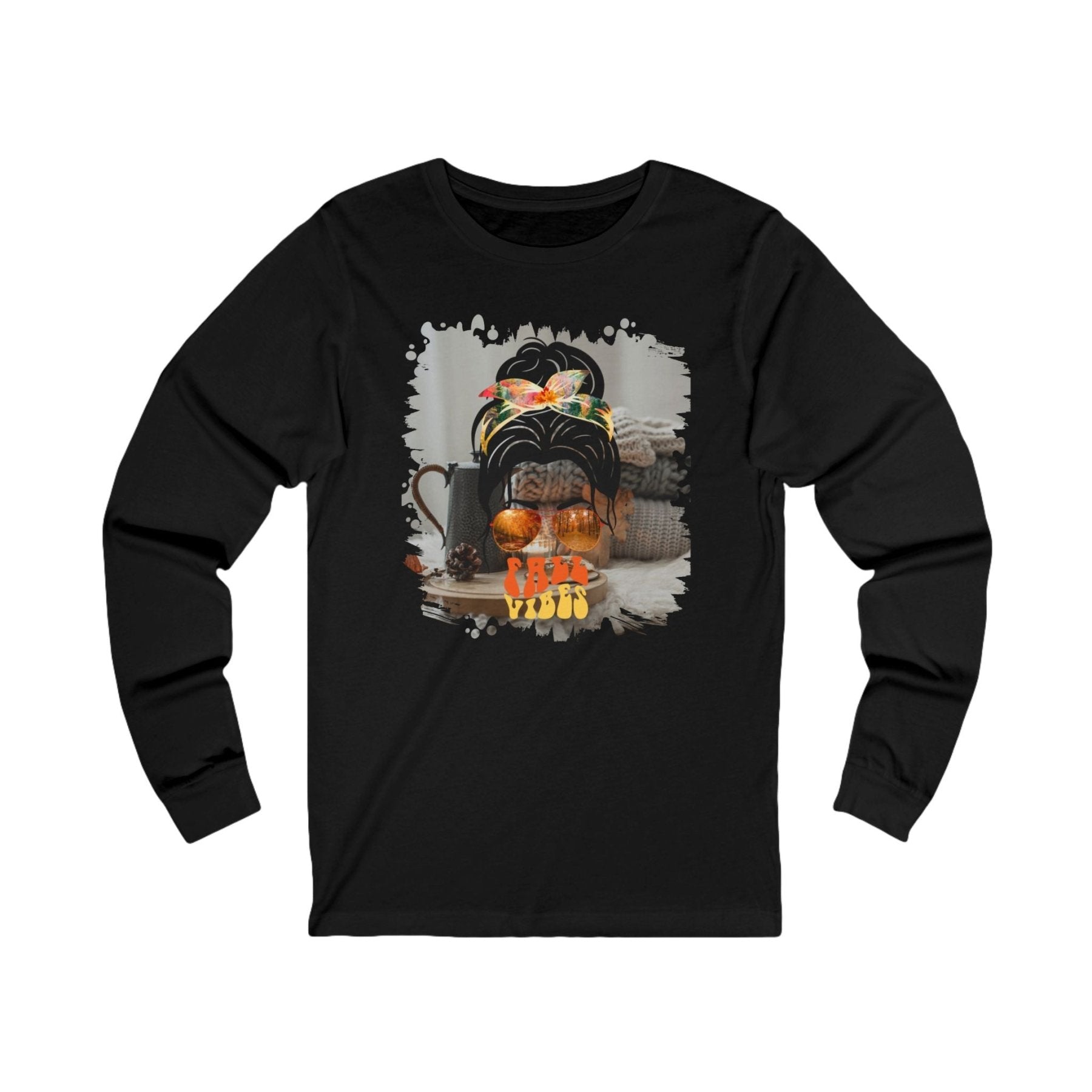 Fall Vibes Fall Sweater, Dark Hair Messy Bun, Unisex Jersey Long Sleeve Tee - Janlyn's Crafts