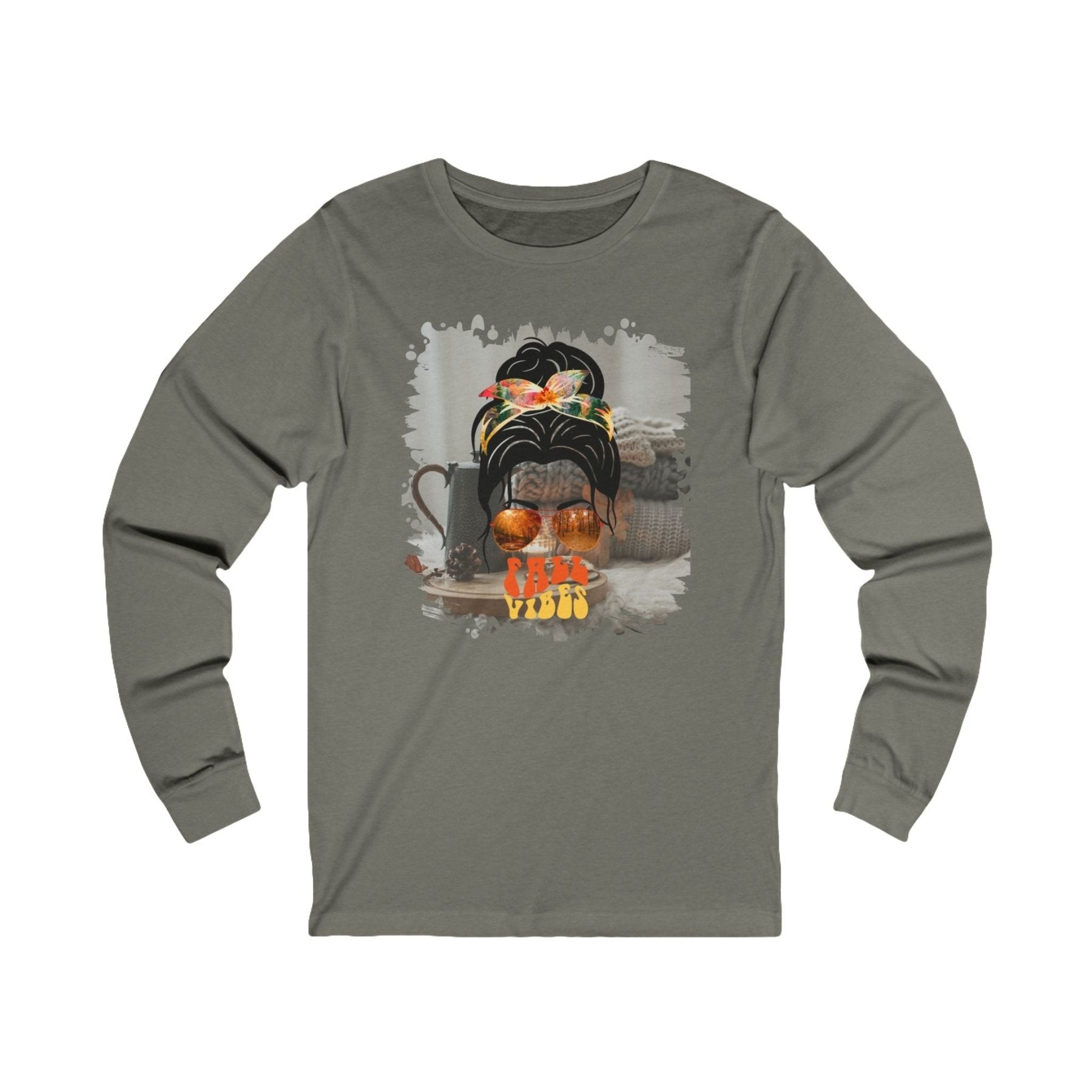 Fall Vibes Fall Sweater, Dark Hair Messy Bun, Unisex Jersey Long Sleeve Tee - Janlyn's Crafts