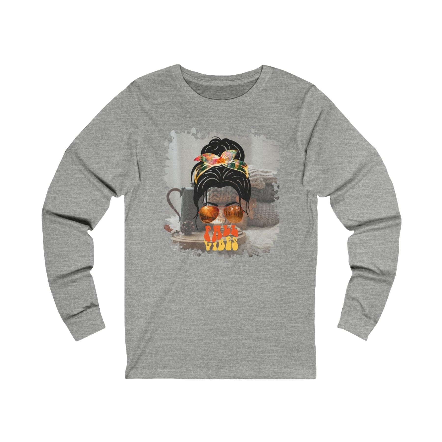 Fall Vibes Fall Sweater, Dark Hair Messy Bun, Unisex Jersey Long Sleeve Tee - Janlyn's Crafts