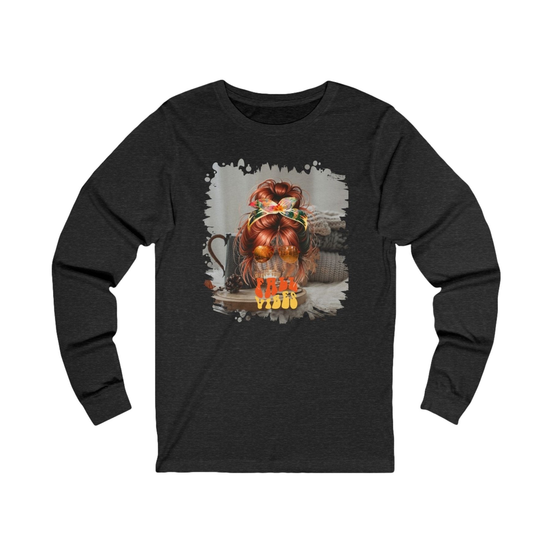 Fall Vibes Fall Sweater, Red Hair Messy Bun, Unisex Jersey Long Sleeve Tee - Janlyn's Crafts