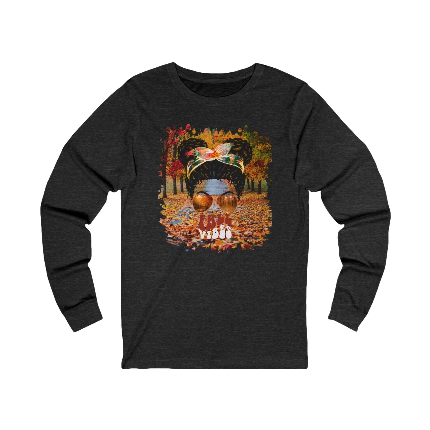 Fall Vibes Fall Trail, Black Hair Messy Bun, Unisex Jersey Long Sleeve Tee - Janlyn's Crafts