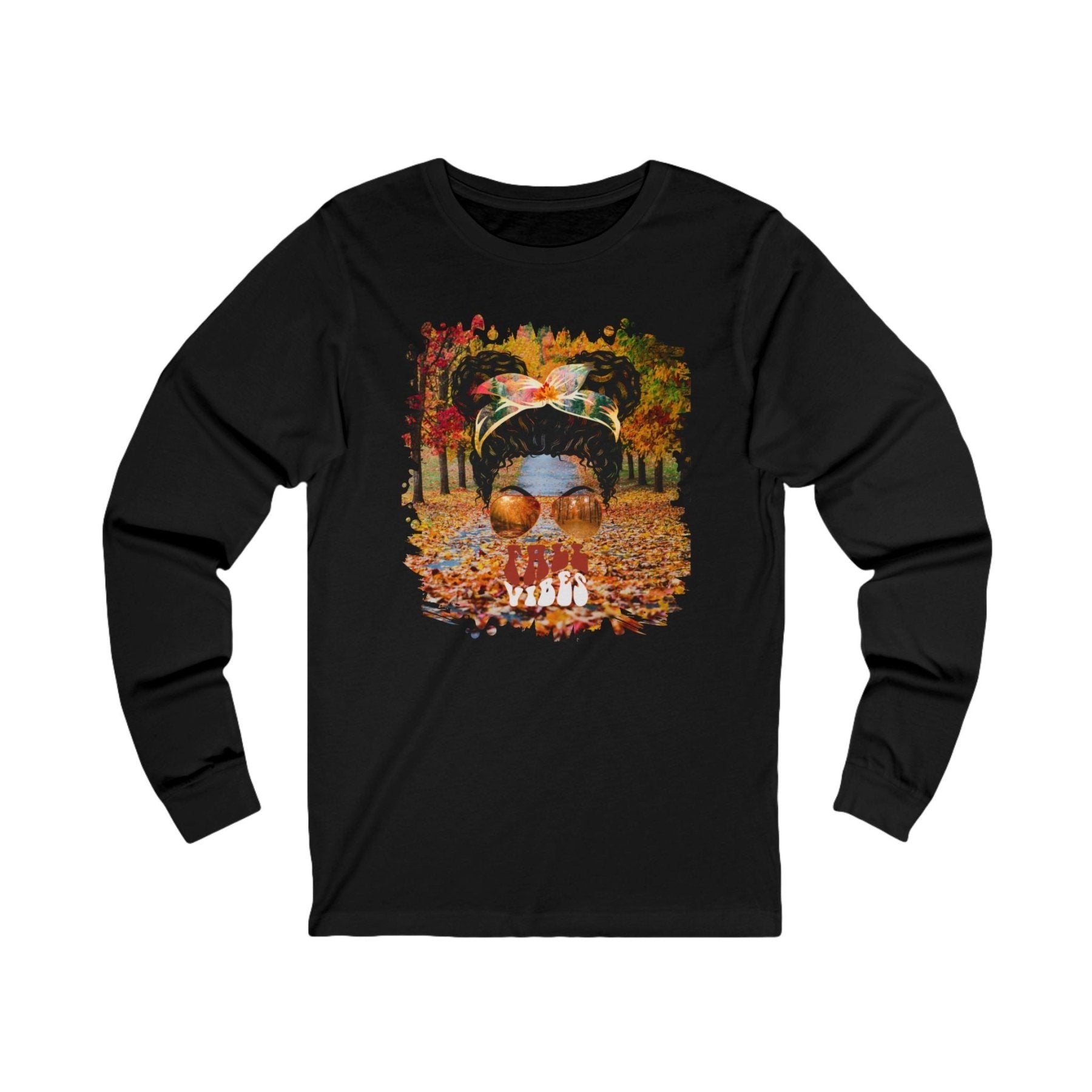 Fall Vibes Fall Trail, Black Hair Messy Bun, Unisex Jersey Long Sleeve Tee - Janlyn's Crafts