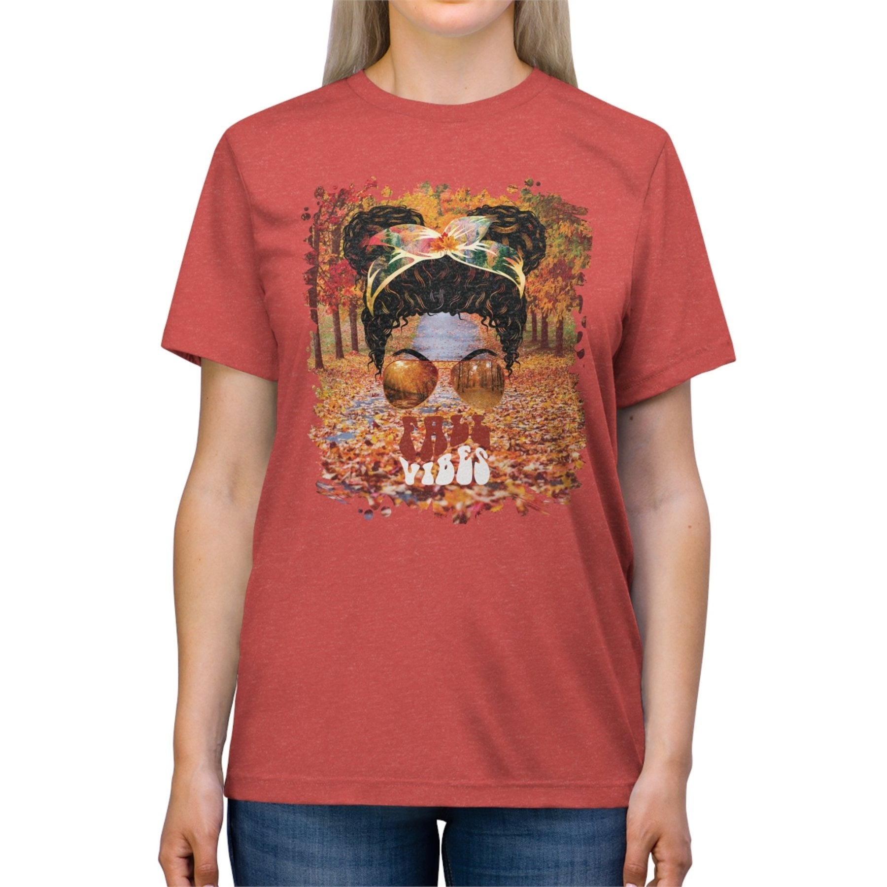 Fall Vibes Fall Trail, Black Hair Messy Bun, Unisex Triblend T - Shirt - Janlyn's Crafts