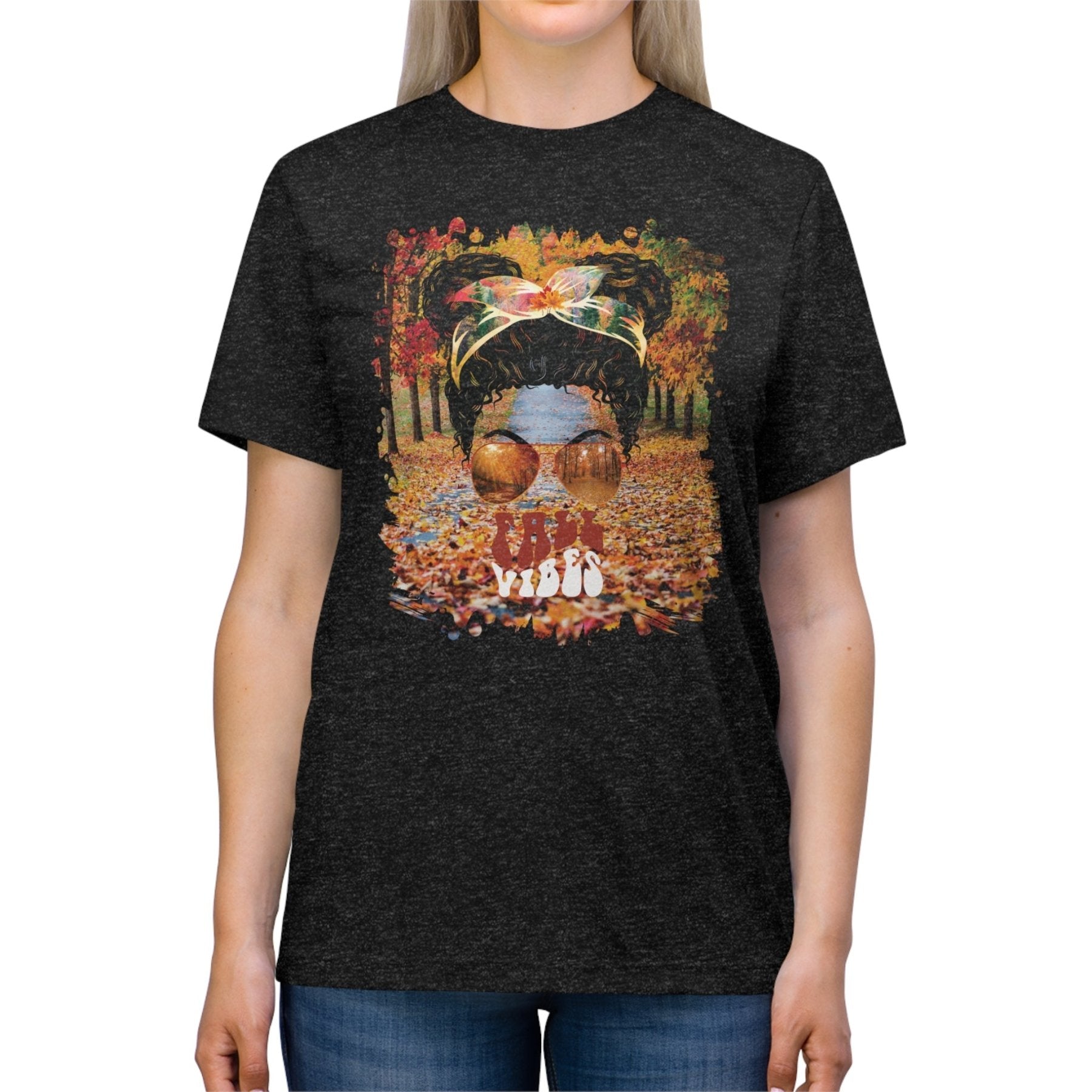 Fall Vibes Fall Trail, Black Hair Messy Bun, Unisex Triblend T - Shirt - Janlyn's Crafts