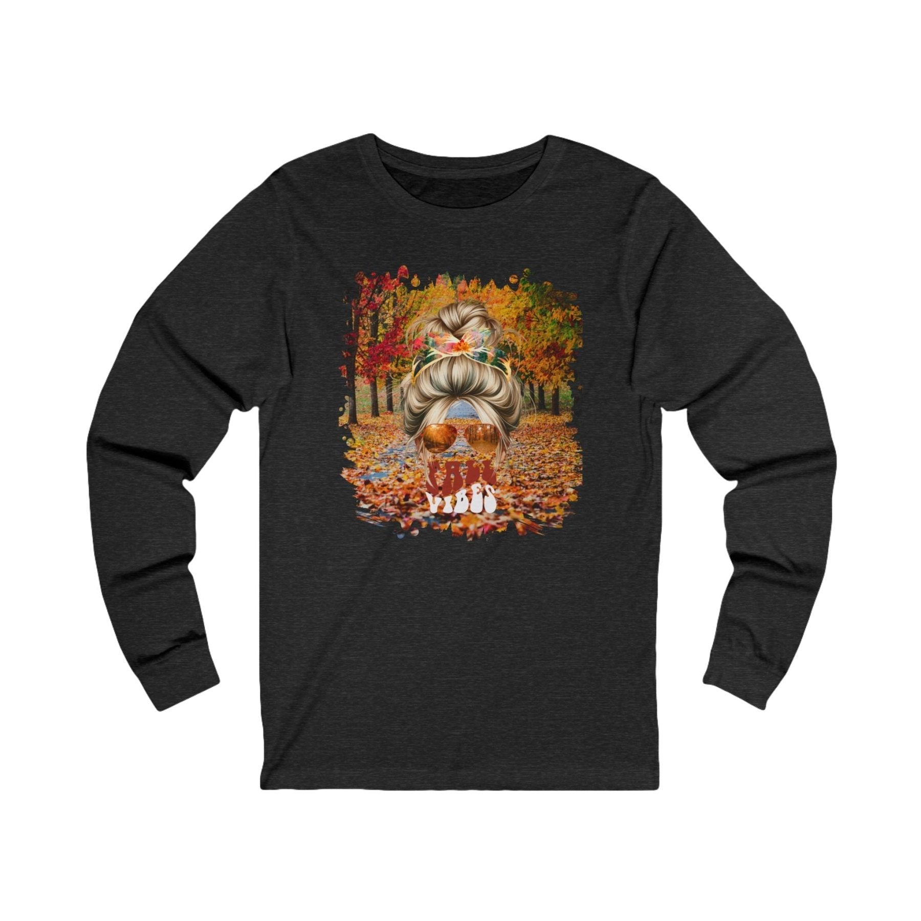 Fall Vibes Fall Trail, Blond Hair Messy Bun, Unisex Jersey Long Sleeve Tee - Janlyn's Crafts