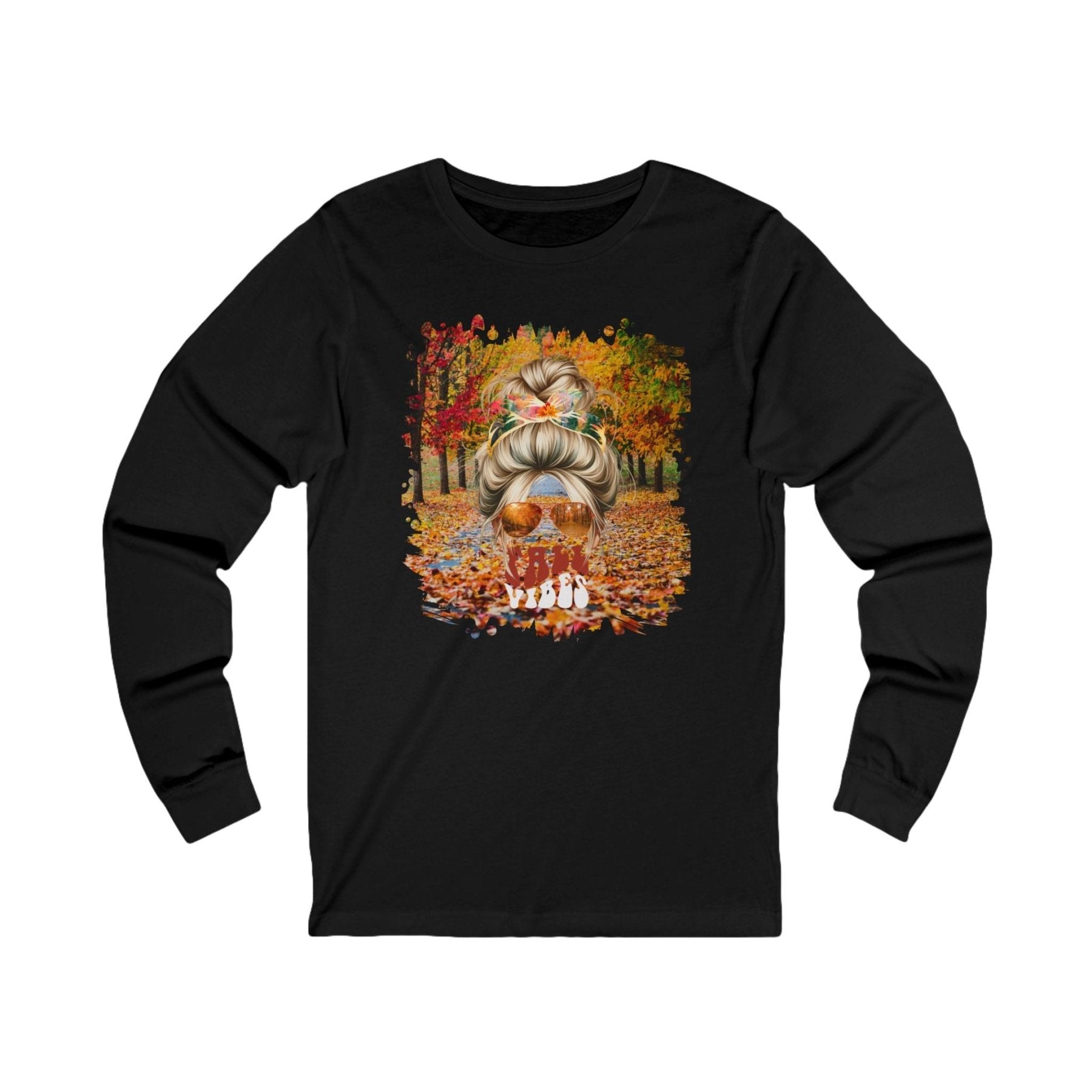 Fall Vibes Fall Trail, Blond Hair Messy Bun, Unisex Jersey Long Sleeve Tee - Janlyn's Crafts