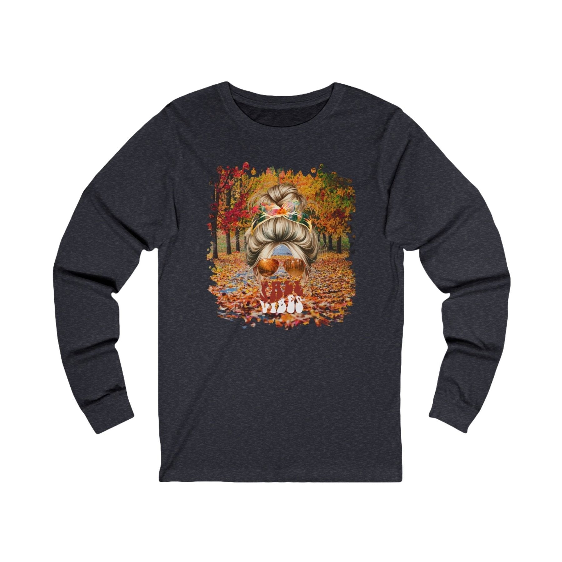 Fall Vibes Fall Trail, Blond Hair Messy Bun, Unisex Jersey Long Sleeve Tee - Janlyn's Crafts