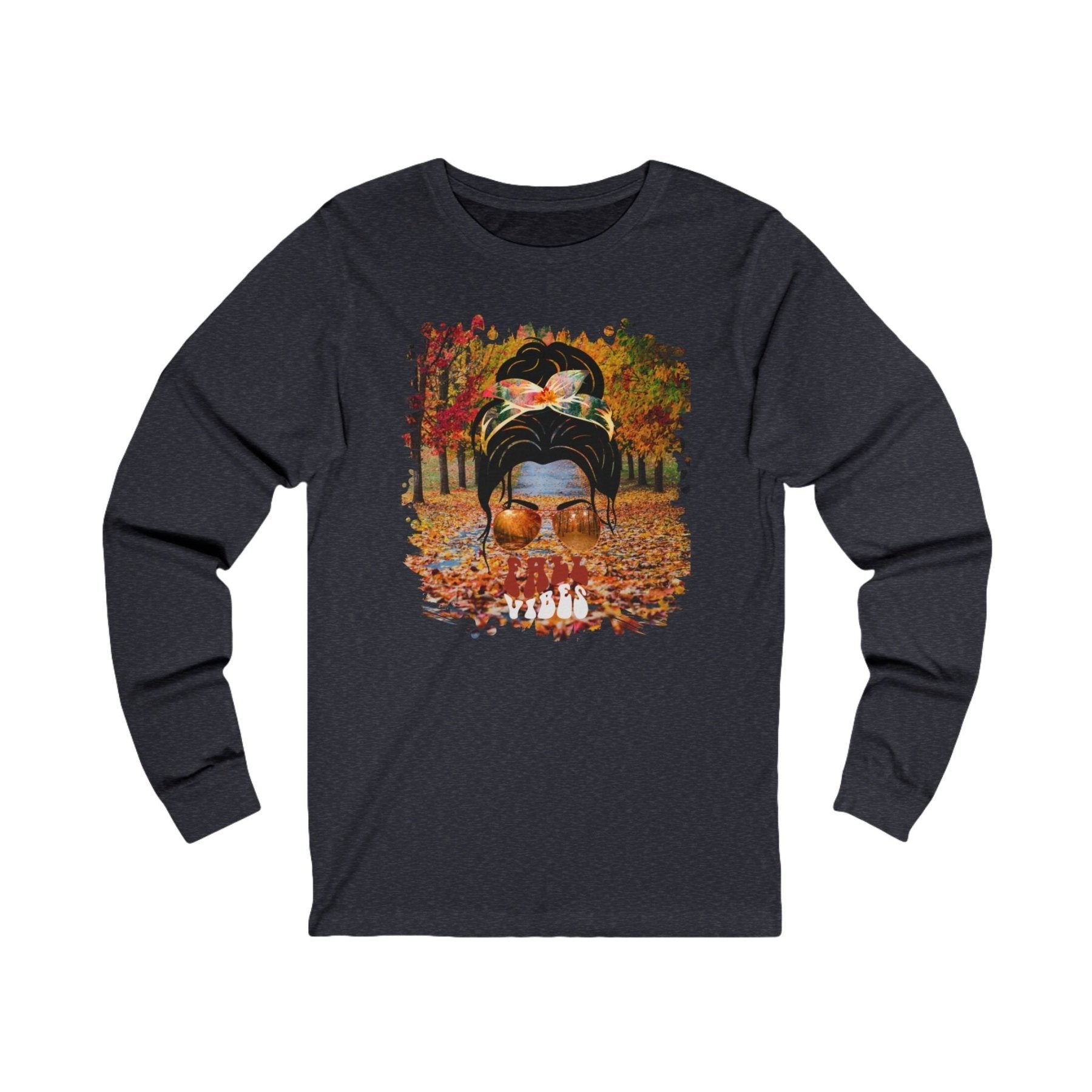 Fall Vibes Fall Trail, Dark Hair Messy Bun, Unisex Jersey Long Sleeve Tee - Janlyn's Crafts