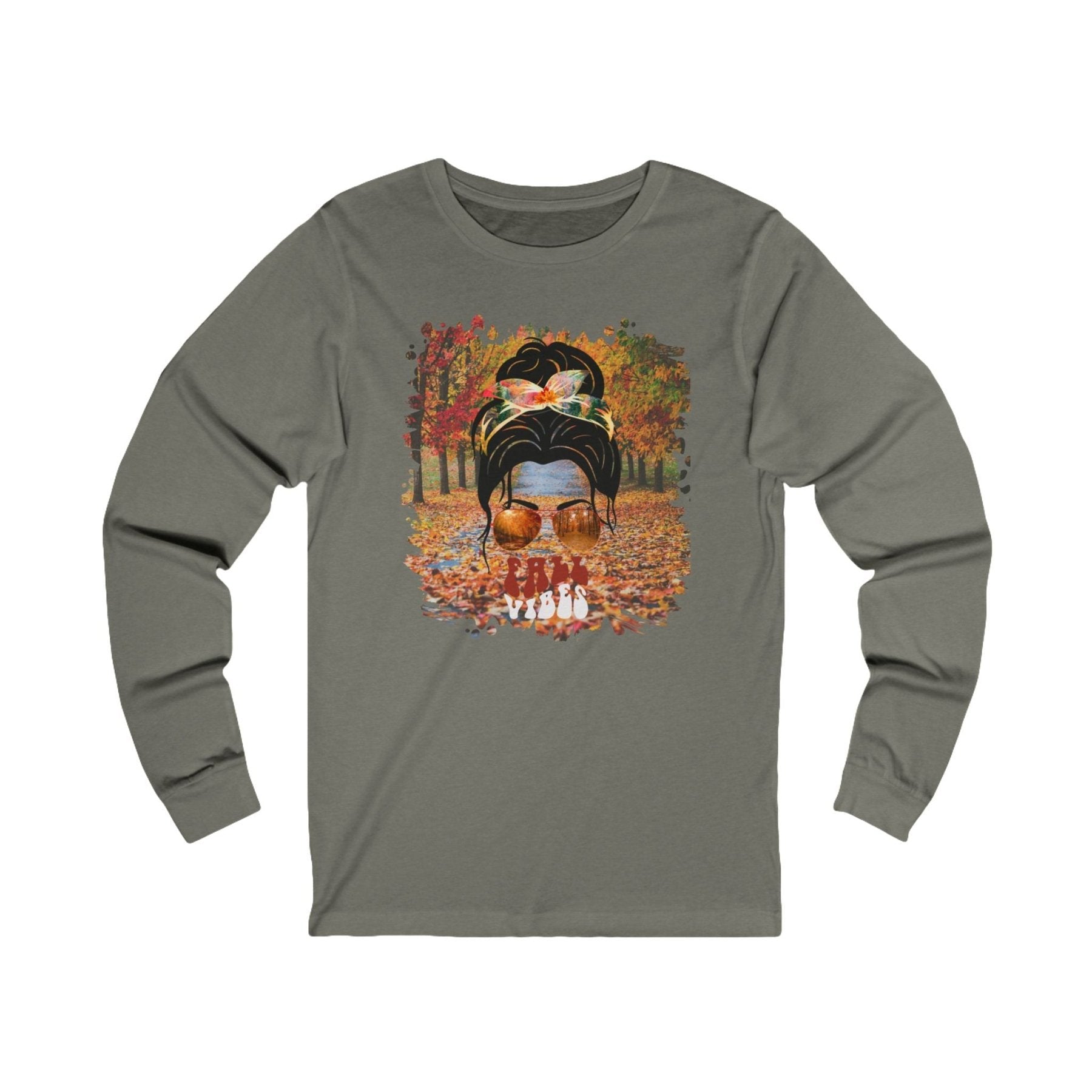 Fall Vibes Fall Trail, Dark Hair Messy Bun, Unisex Jersey Long Sleeve Tee - Janlyn's Crafts