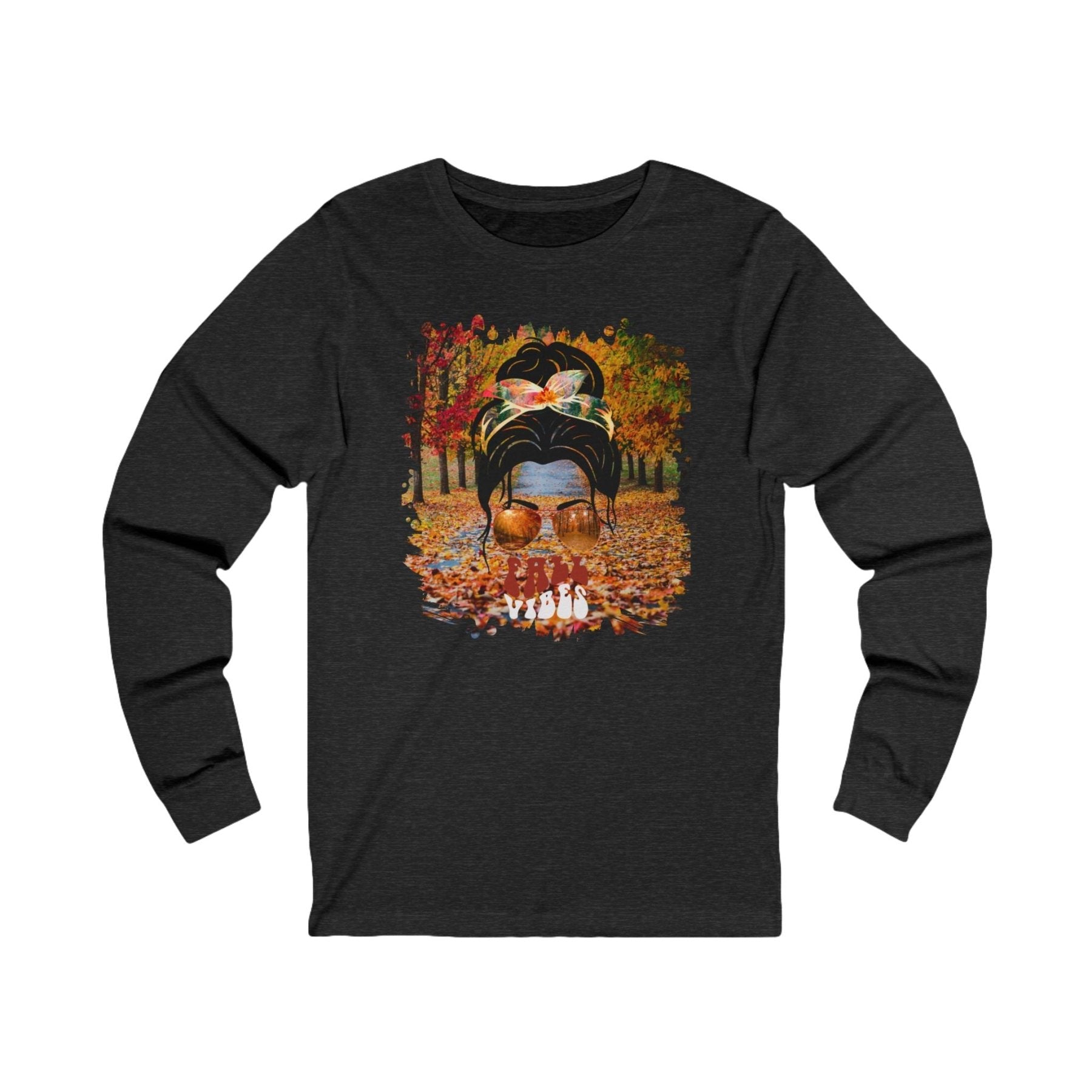 Fall Vibes Fall Trail, Dark Hair Messy Bun, Unisex Jersey Long Sleeve Tee - Janlyn's Crafts