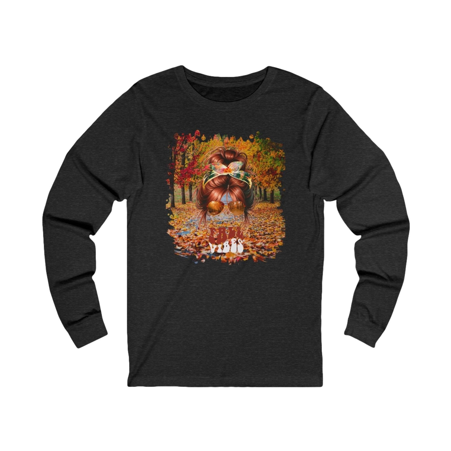 Fall Vibes Fall Trail, Red Hair Messy Bun, Unisex Jersey Long Sleeve Tee - Janlyn's Crafts