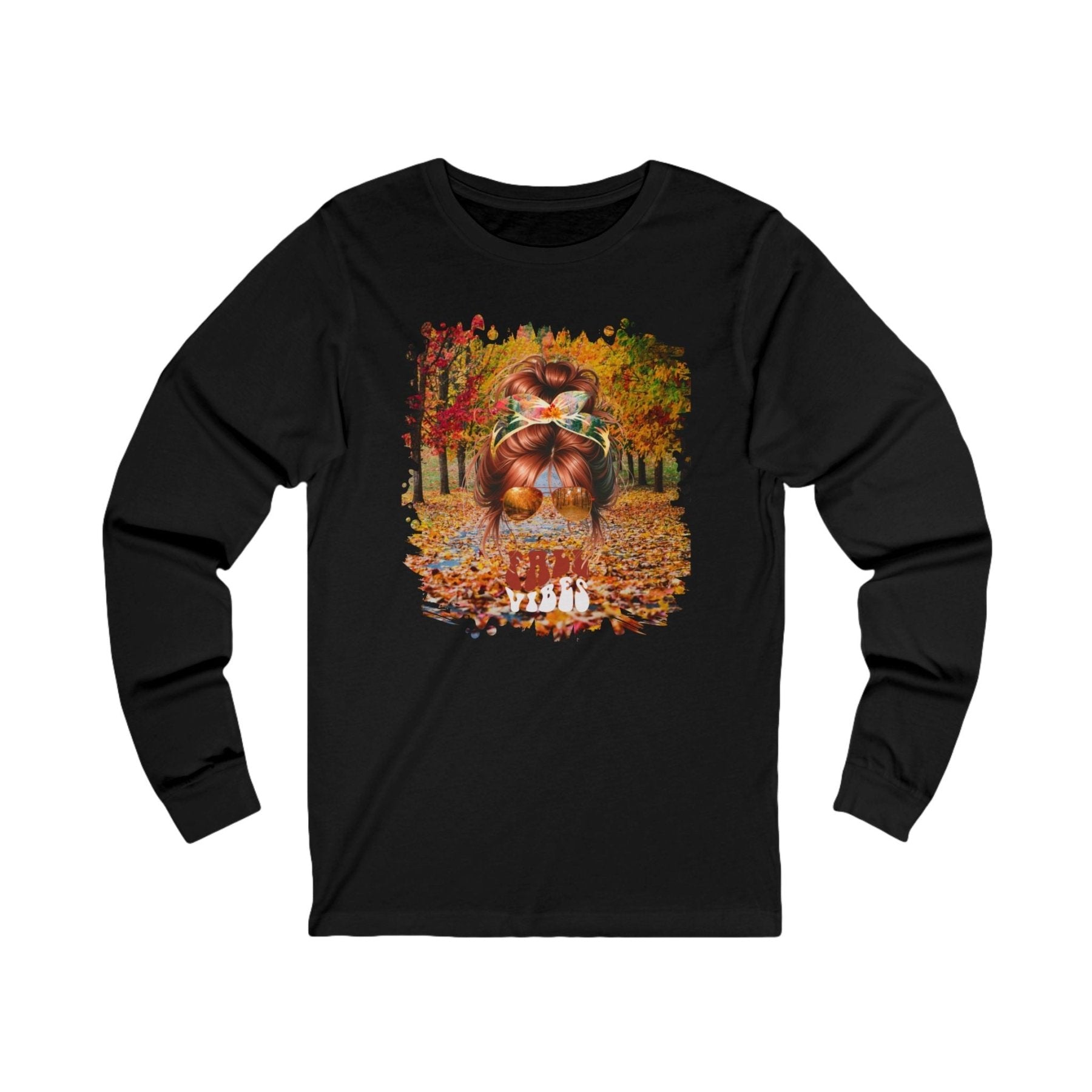 Fall Vibes Fall Trail, Red Hair Messy Bun, Unisex Jersey Long Sleeve Tee - Janlyn's Crafts