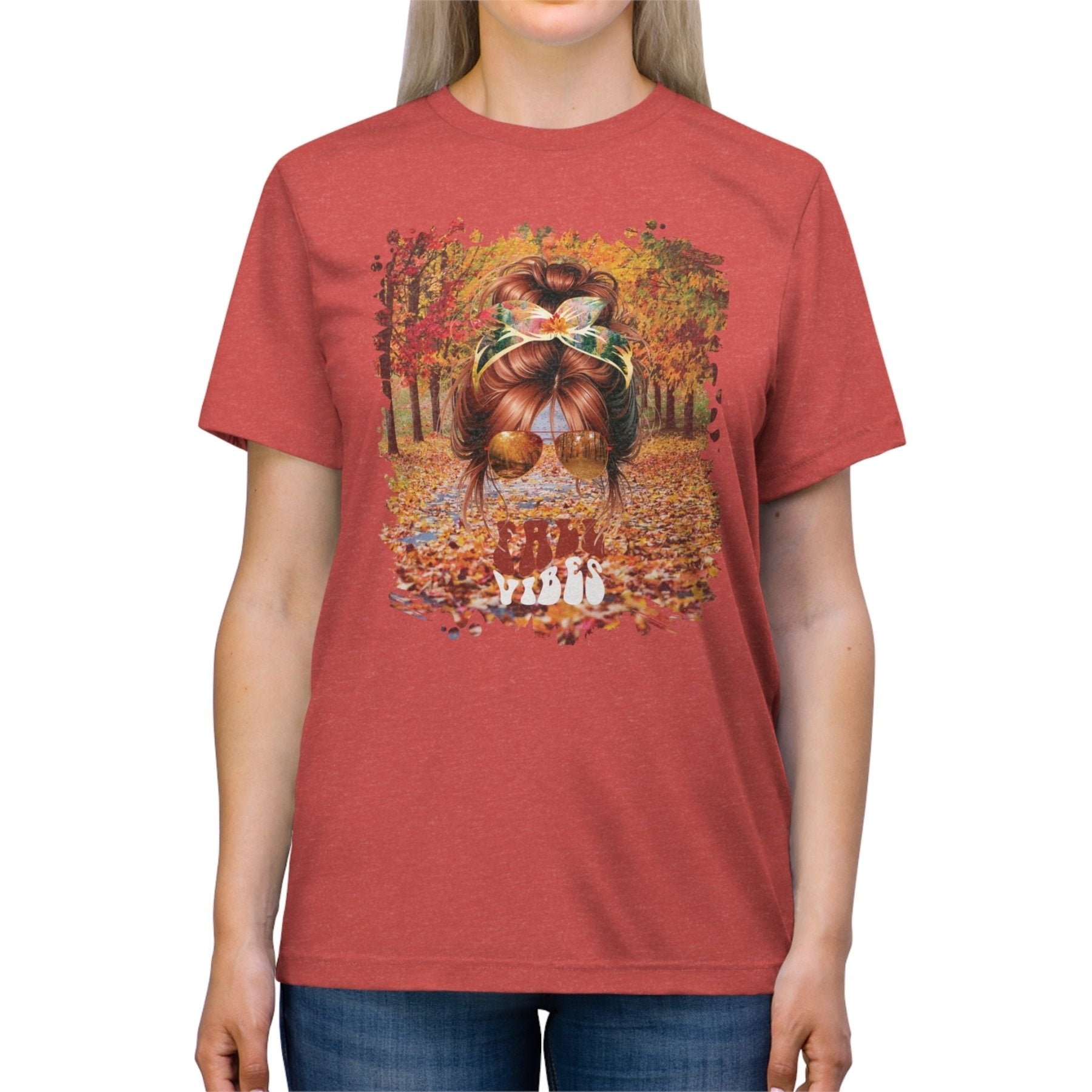 Fall Vibes Fall Trail, Red Hair Messy Bun, Unisex Triblend T - Shirt - Janlyn's Crafts