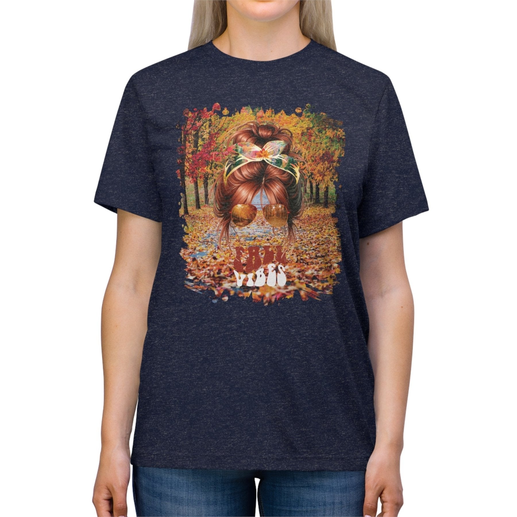 Fall Vibes Fall Trail, Red Hair Messy Bun, Unisex Triblend T - Shirt - Janlyn's Crafts