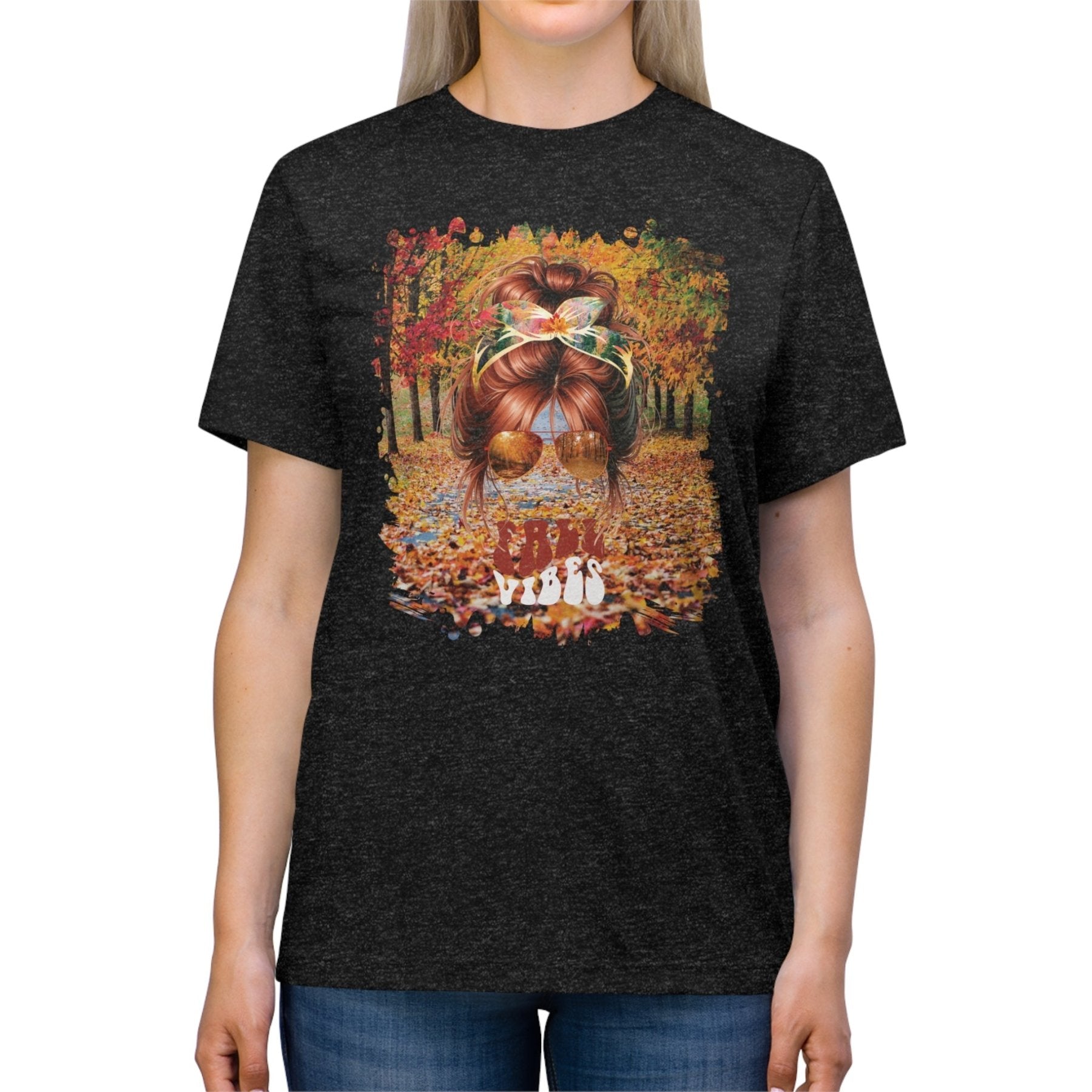 Fall Vibes Fall Trail, Red Hair Messy Bun, Unisex Triblend T - Shirt - Janlyn's Crafts