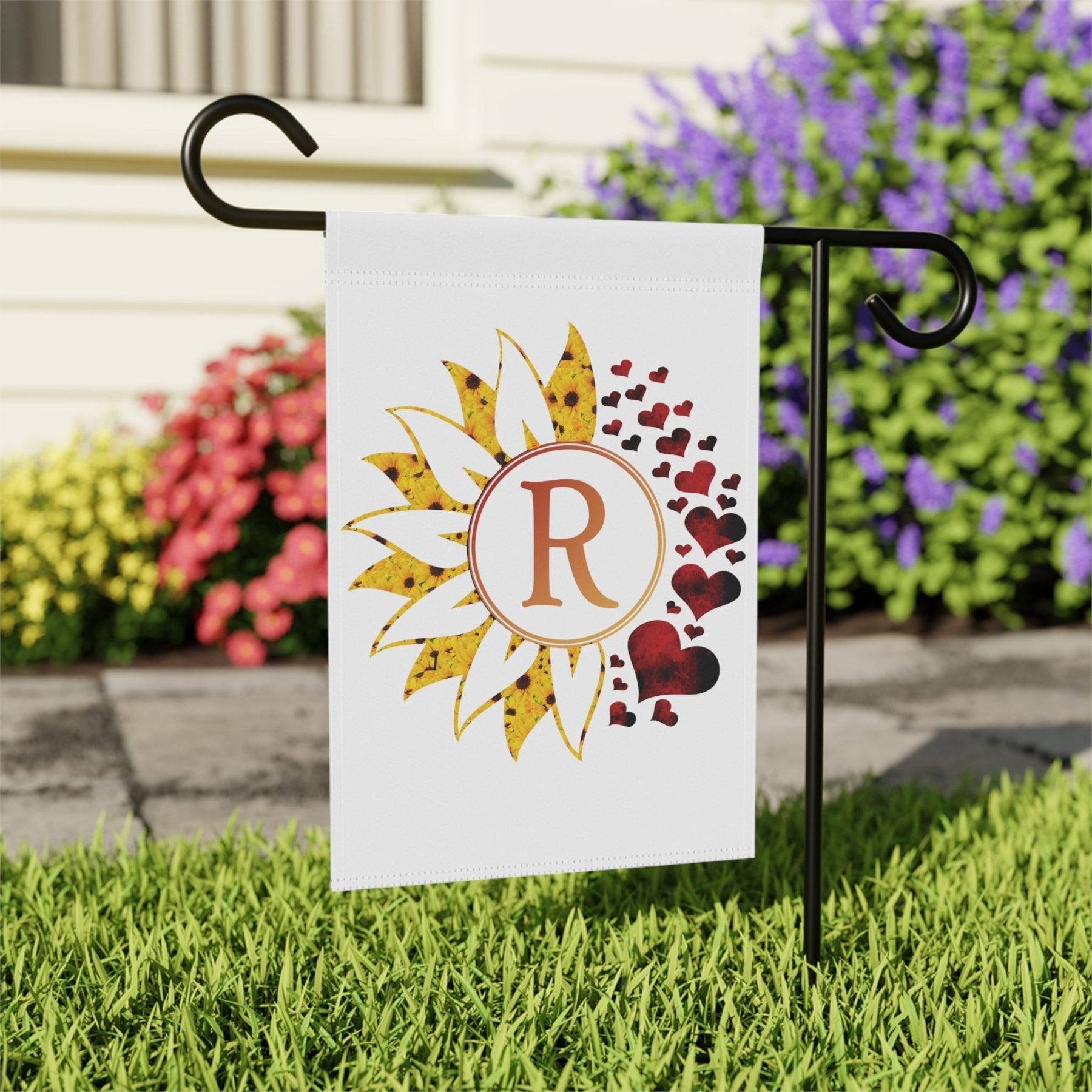 Flower & Hearts Garden, Lawn, House, Sunflower & Red Hearts Monogram Flag - Janlyn's Crafts