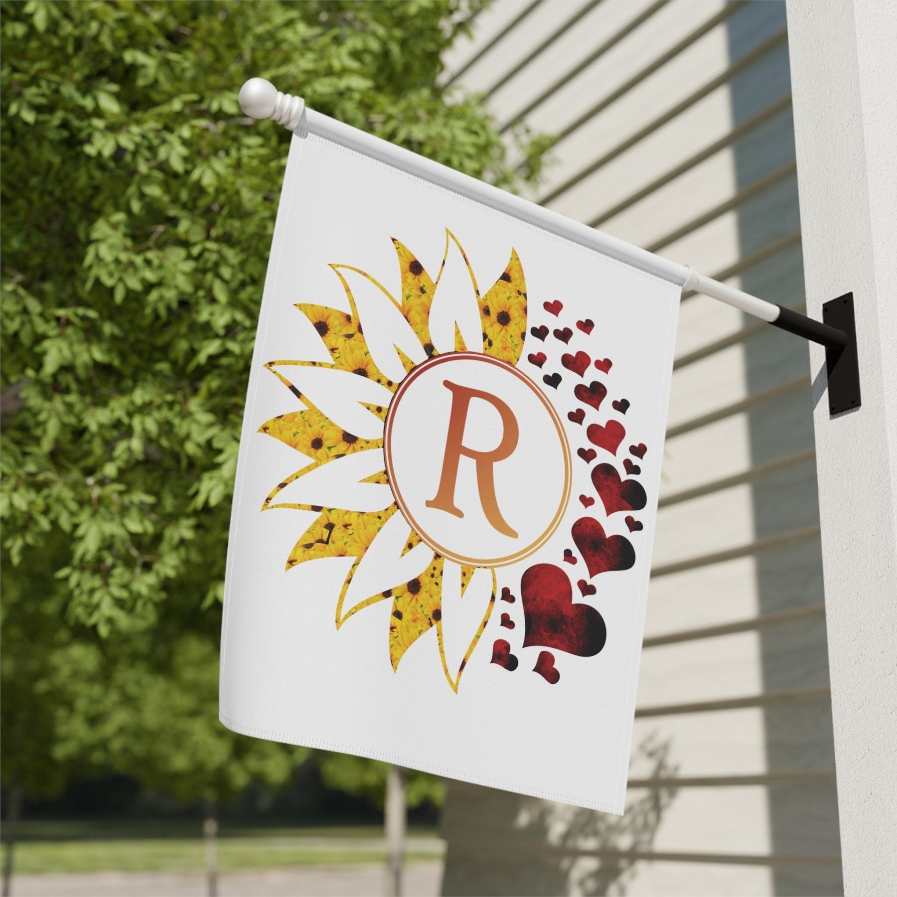 Flower & Hearts Garden, Lawn, House, Sunflower & Red Hearts Monogram Flag - Janlyn's Crafts