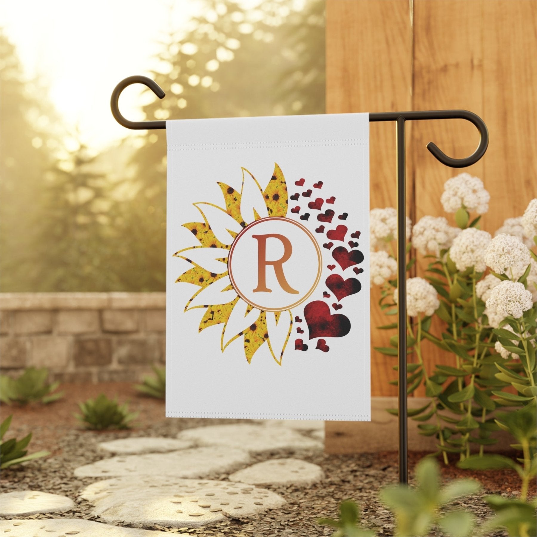 Flower & Hearts Garden, Lawn, House, Sunflower & Red Hearts Monogram Flag - Janlyn's Crafts