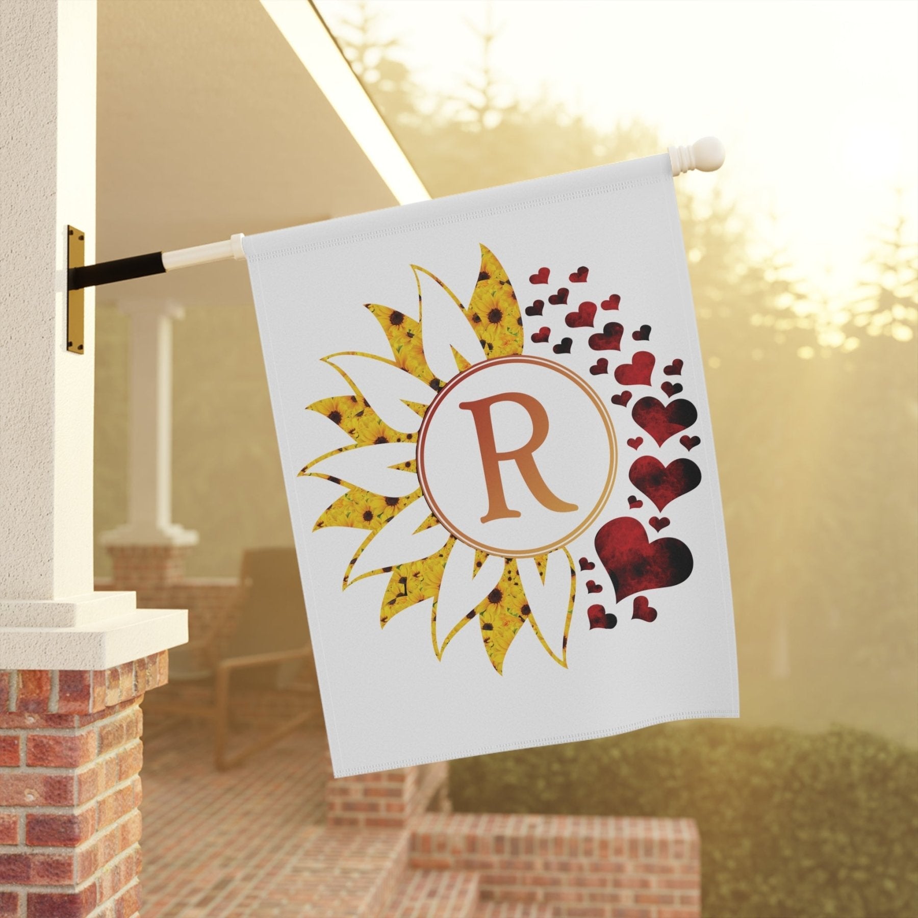 Flower & Hearts Garden, Lawn, House, Sunflower & Red Hearts Monogram Flag - Janlyn's Crafts