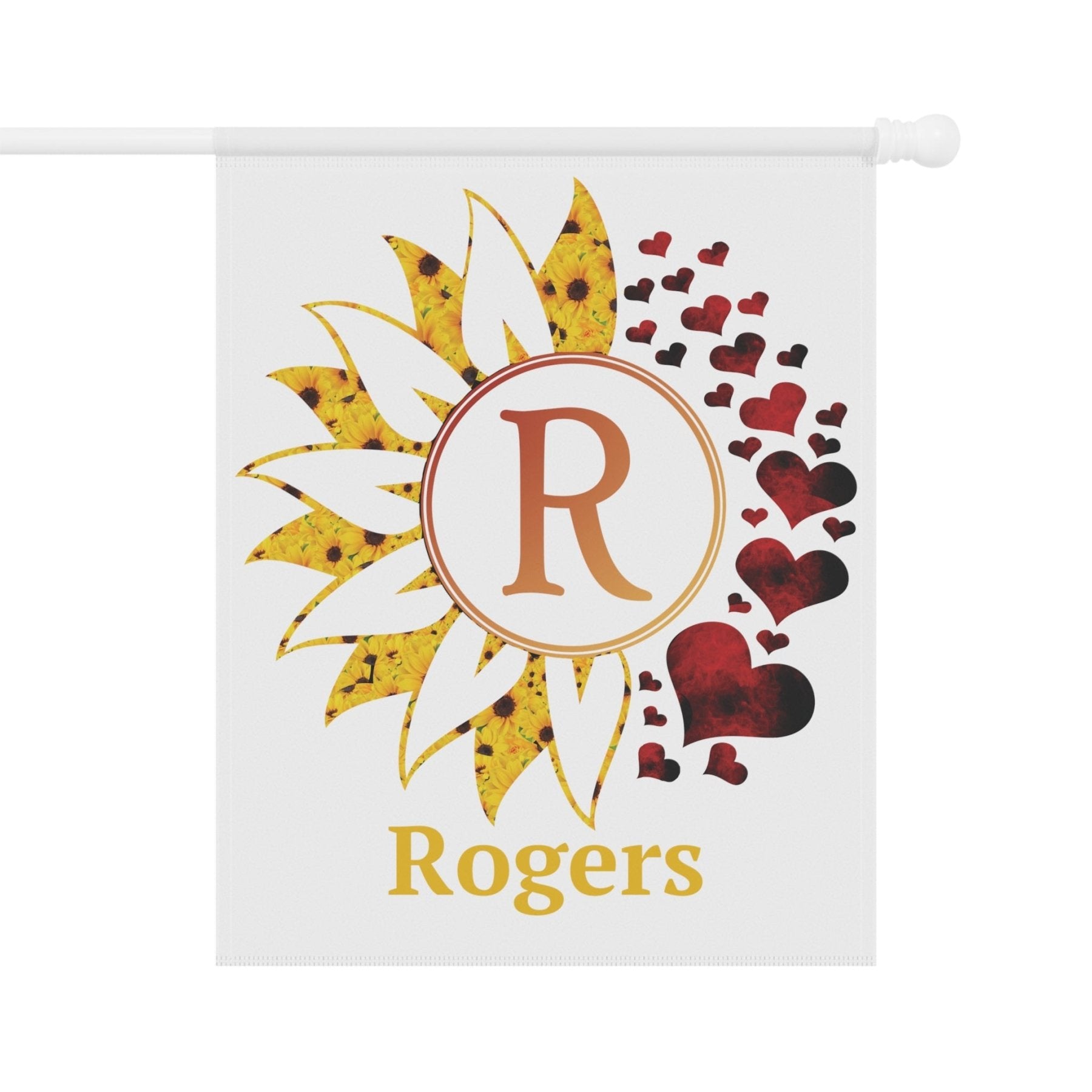 Flower & Hearts Garden, Lawn, House, Sunflower & Red Hearts Monogram Name Flag - Janlyn's Crafts