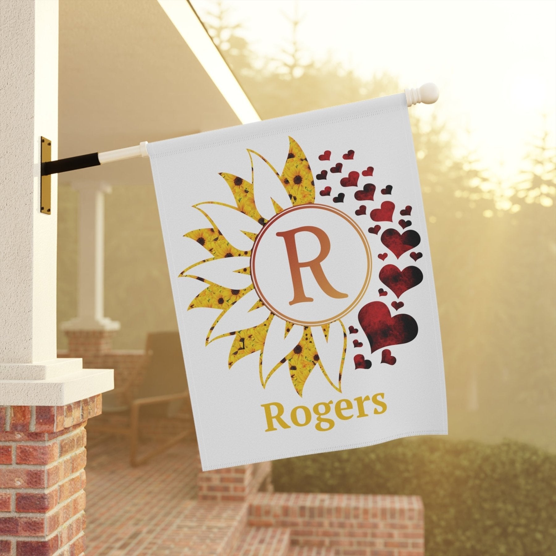 Flower & Hearts Garden, Lawn, House, Sunflower & Red Hearts Monogram Name Flag - Janlyn's Crafts