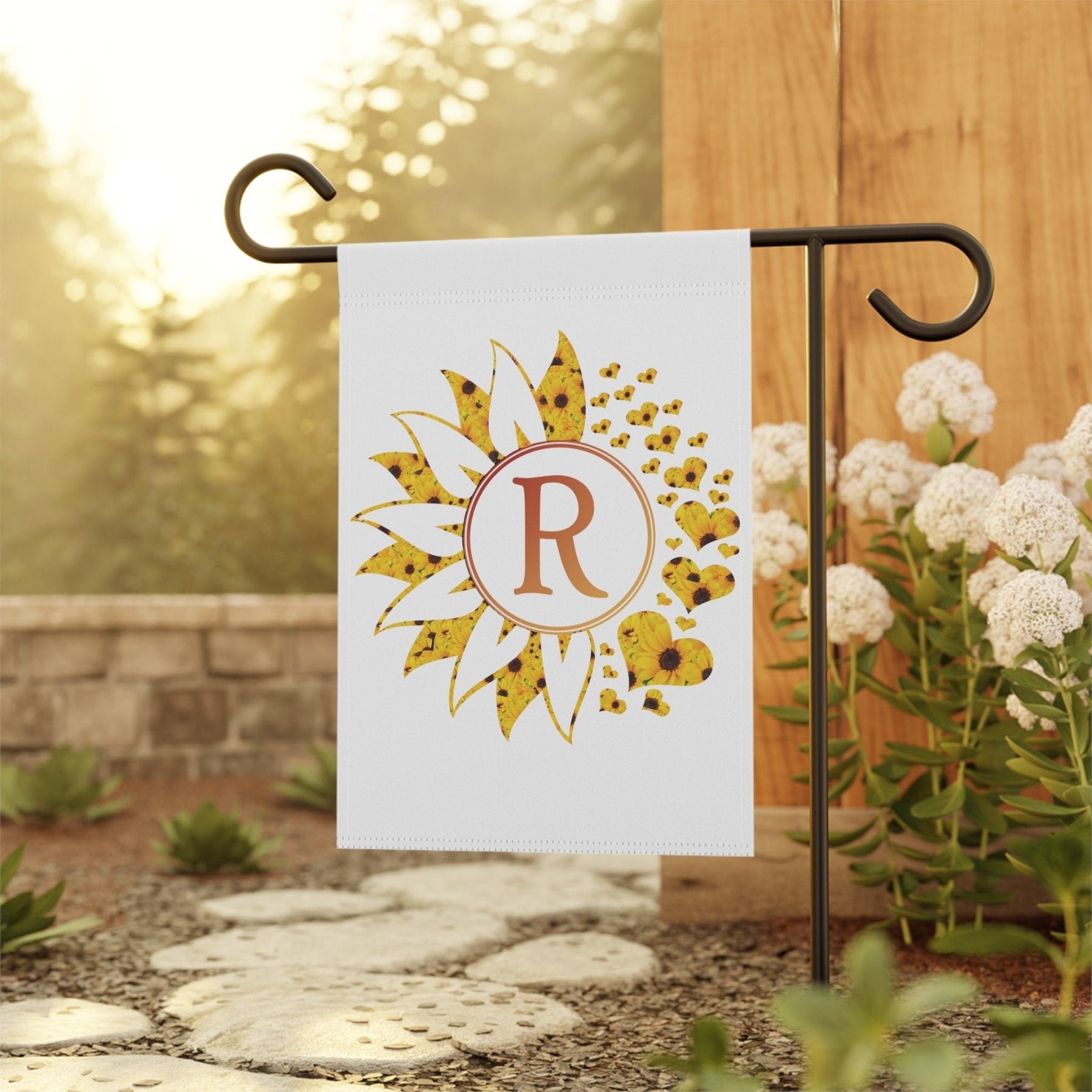 Flower & Hearts Garden, Lawn, House, Sunflowers Monogram Flag - Janlyn's Crafts