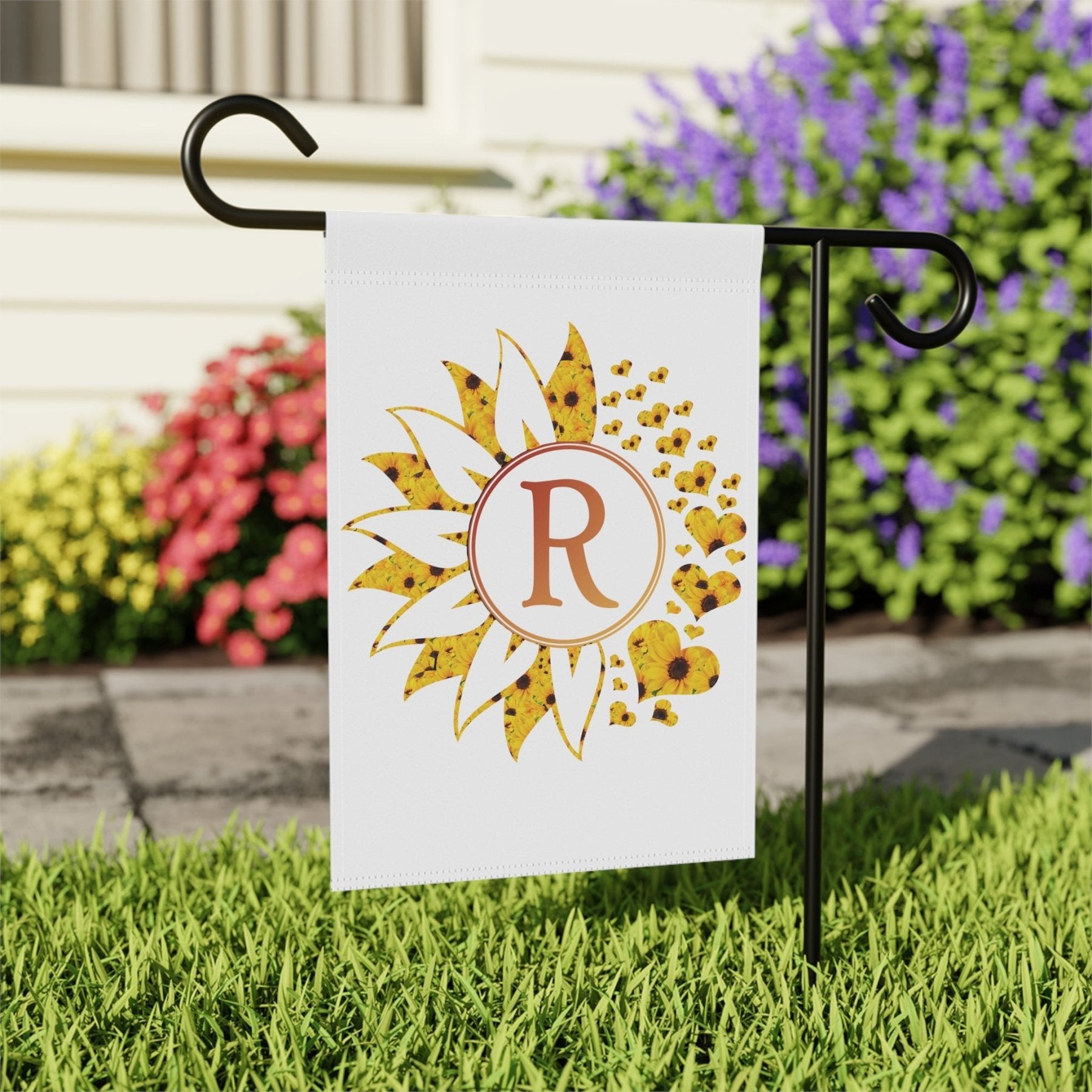 Flower & Hearts Garden, Lawn, House, Sunflowers Monogram Flag - Janlyn's Crafts