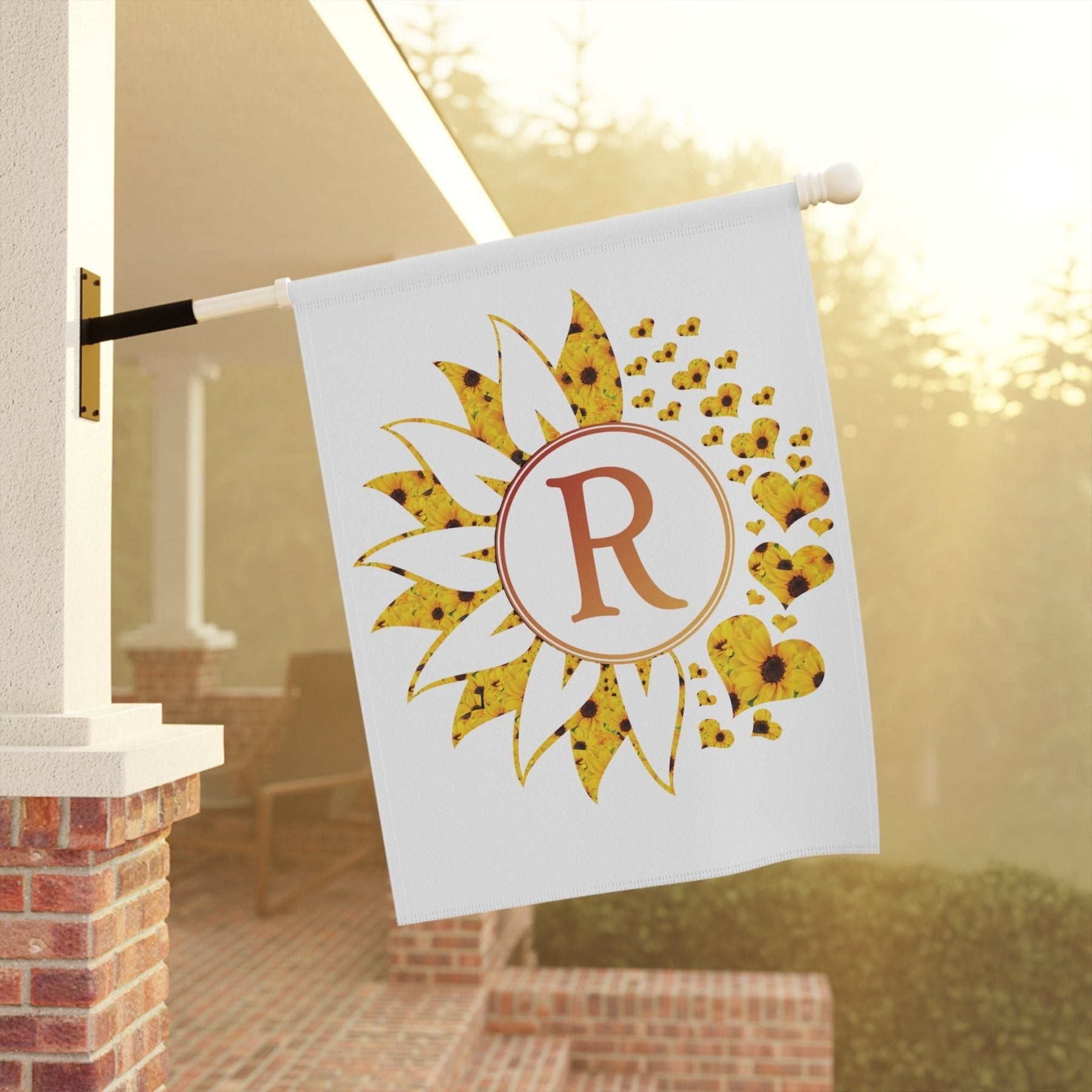 Flower & Hearts Garden, Lawn, House, Sunflowers Monogram Flag - Janlyn's Crafts