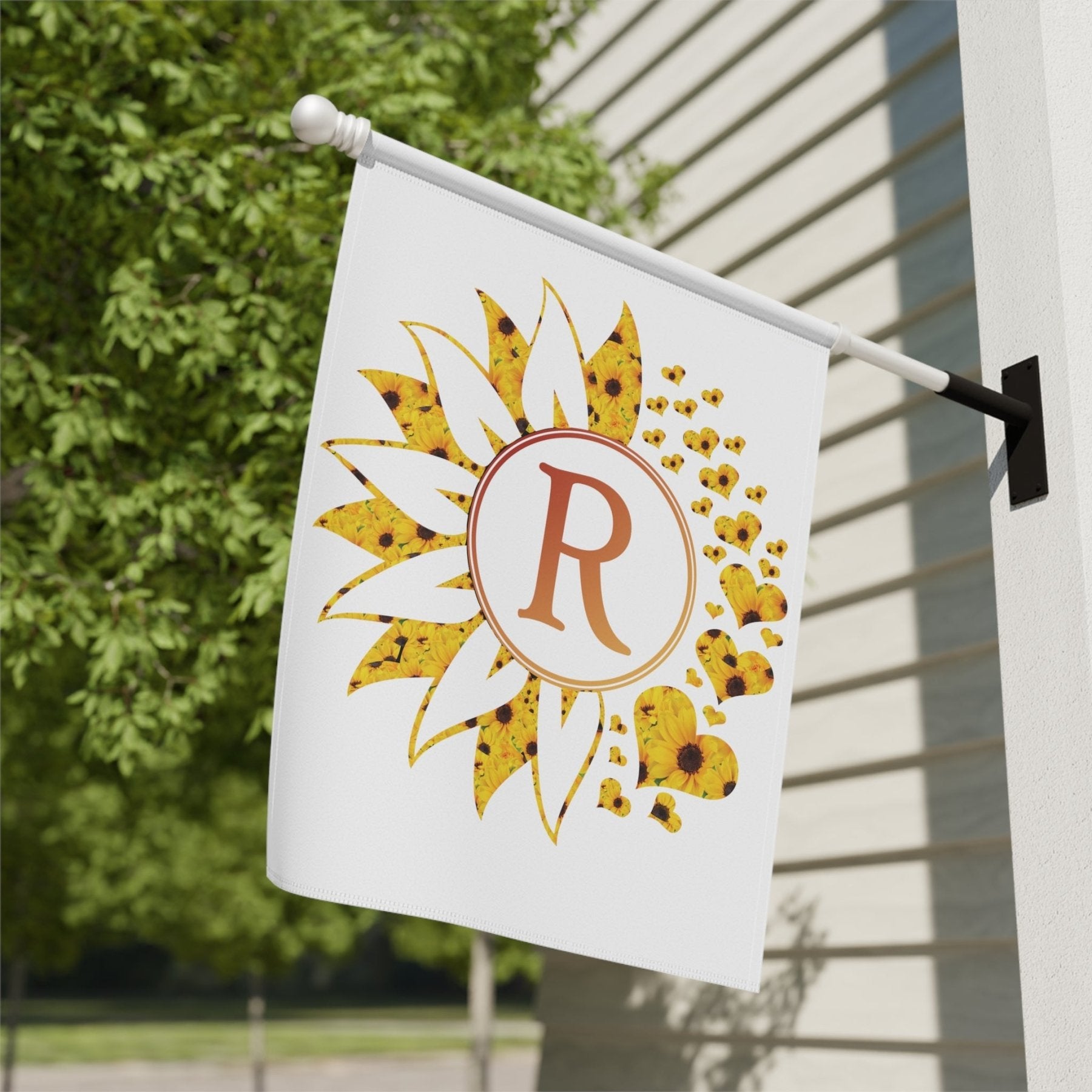 Flower & Hearts Garden, Lawn, House, Sunflowers Monogram Flag - Janlyn's Crafts