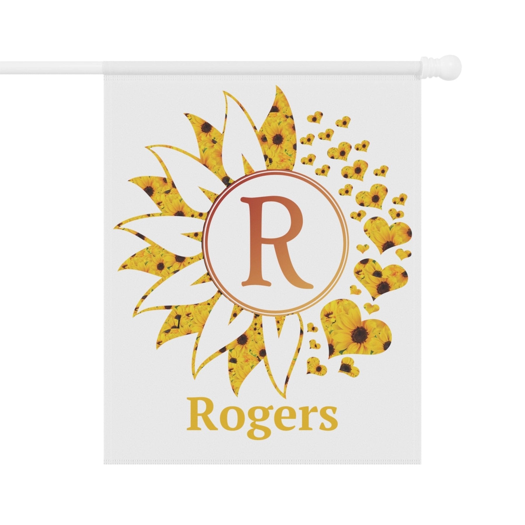 Flower & Hearts Garden, Lawn, House, Sunflowers Monogram Name Flag - Janlyn's Crafts