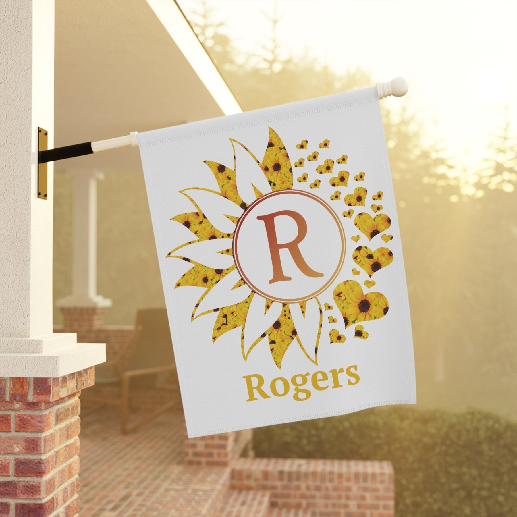 Flower & Hearts Garden, Lawn, House, Sunflowers Monogram Name Flag - Janlyn's Crafts