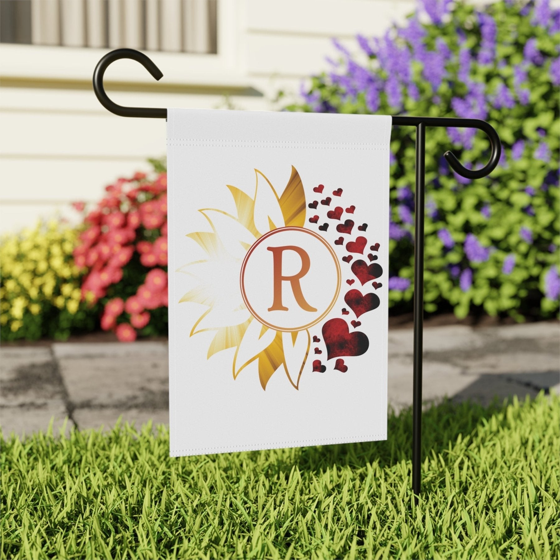 Flower & Hearts Garden, Lawn, House, Sunray & Red Hearts Monogram Flag - Janlyn's Crafts