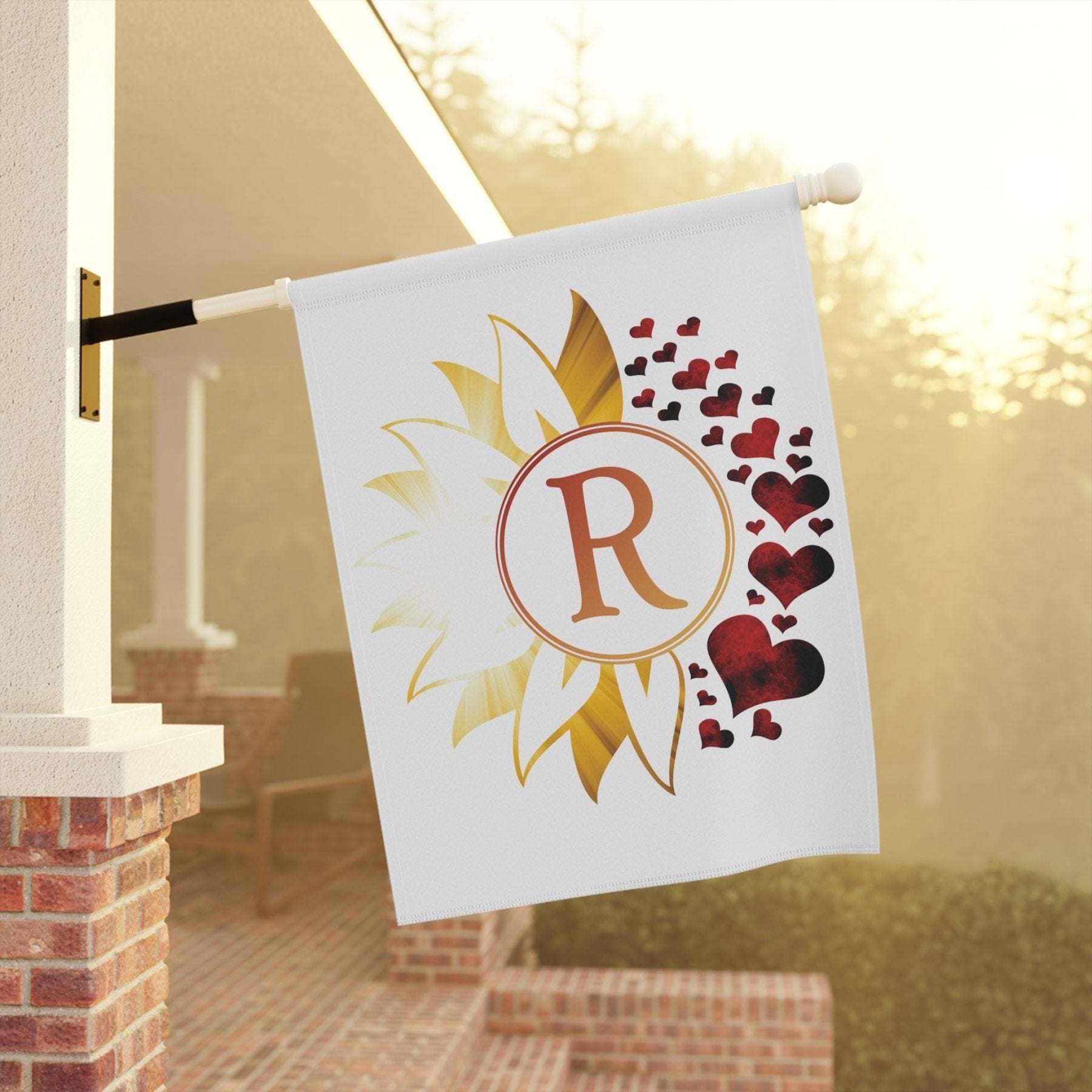 Flower & Hearts Garden, Lawn, House, Sunray & Red Hearts Monogram Flag - Janlyn's Crafts