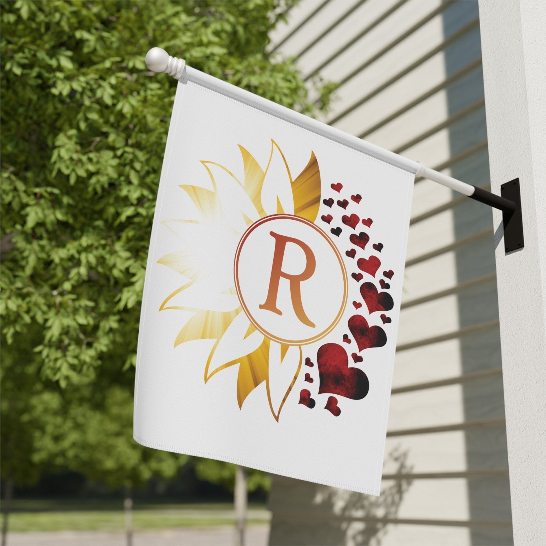 Flower & Hearts Garden, Lawn, House, Sunray & Red Hearts Monogram Flag - Janlyn's Crafts