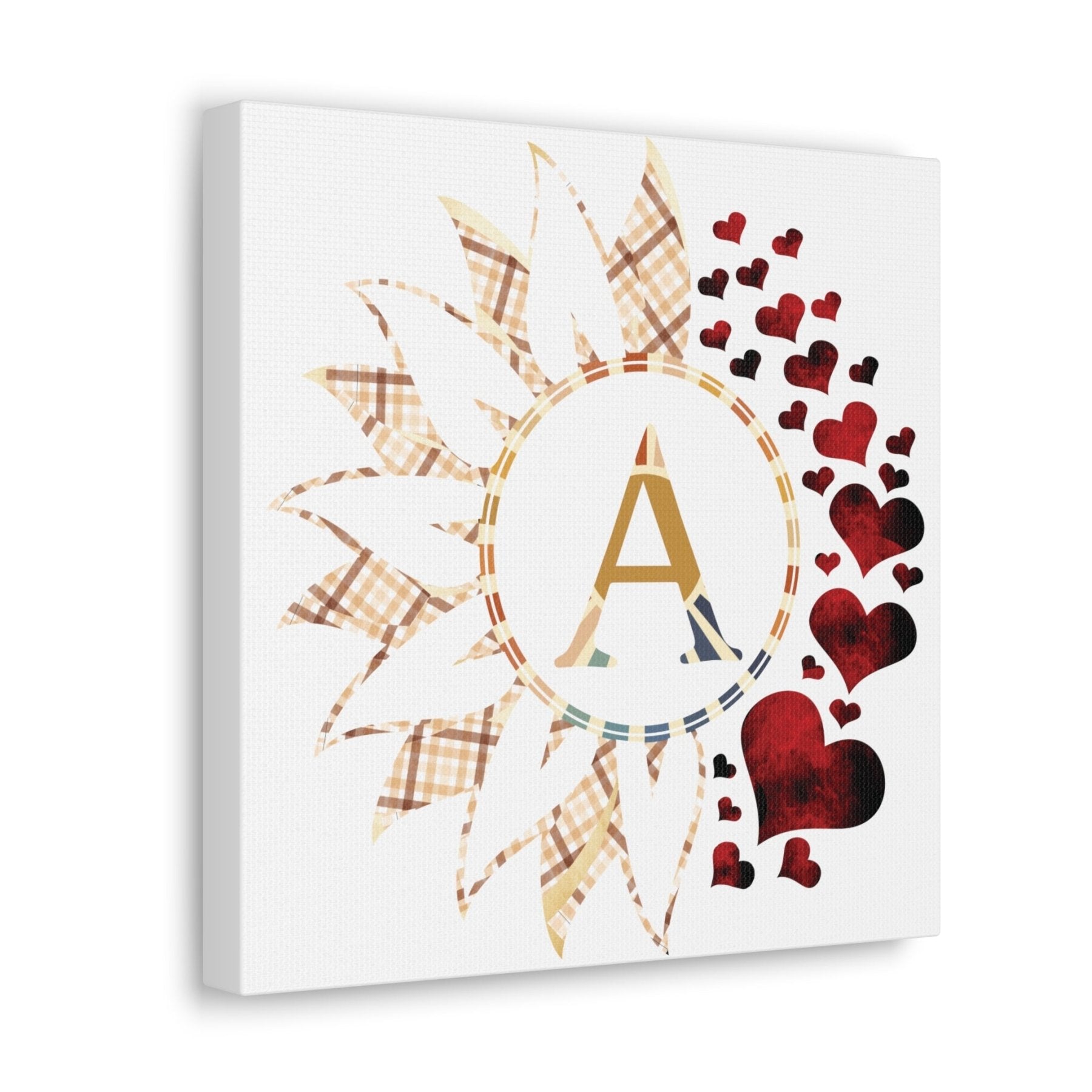 Flower & Hearts Personalized Monogram Canvas, Plaid Vintage & Red Hearts - Janlyn's Crafts