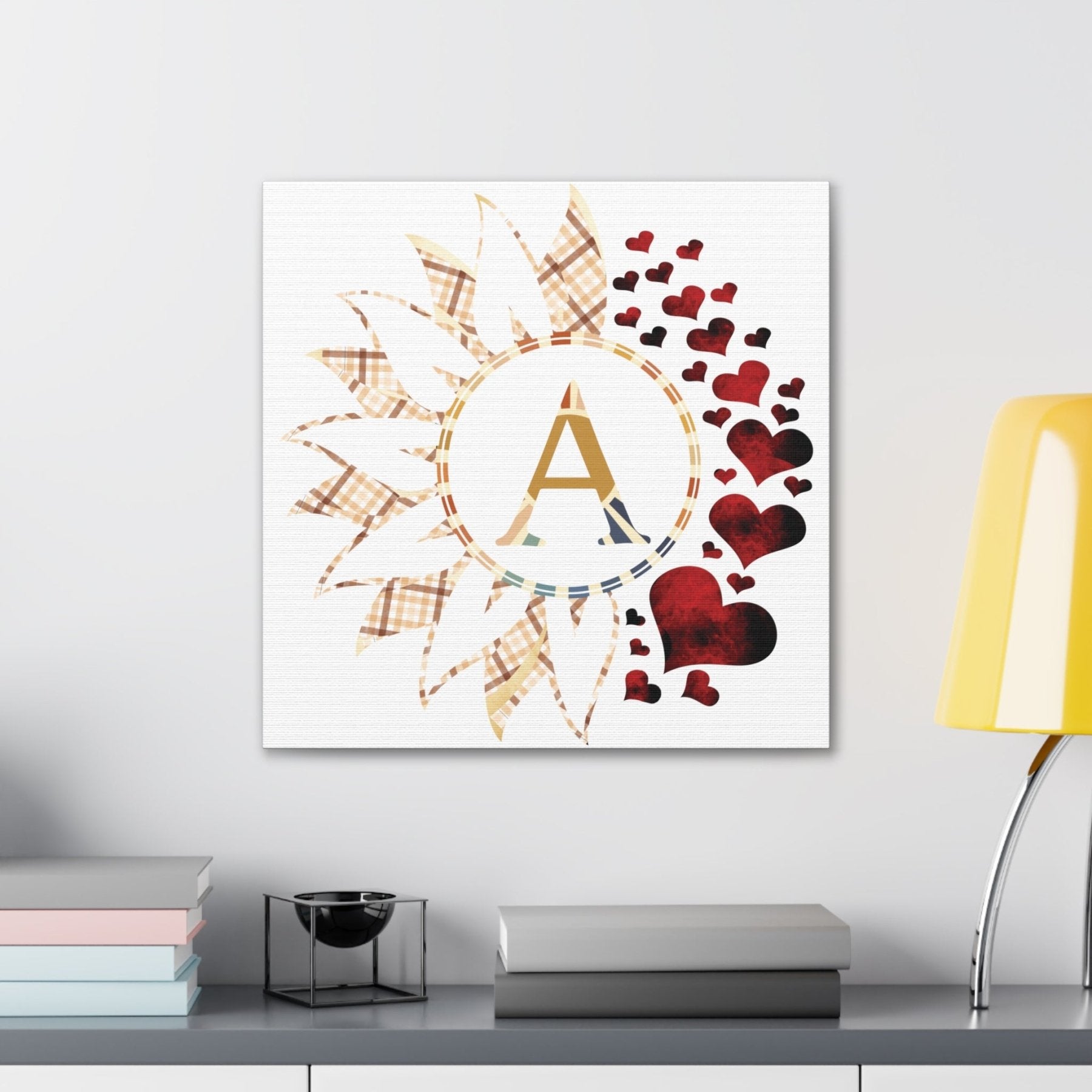 Flower & Hearts Personalized Monogram Canvas, Plaid Vintage & Red Hearts - Janlyn's Crafts