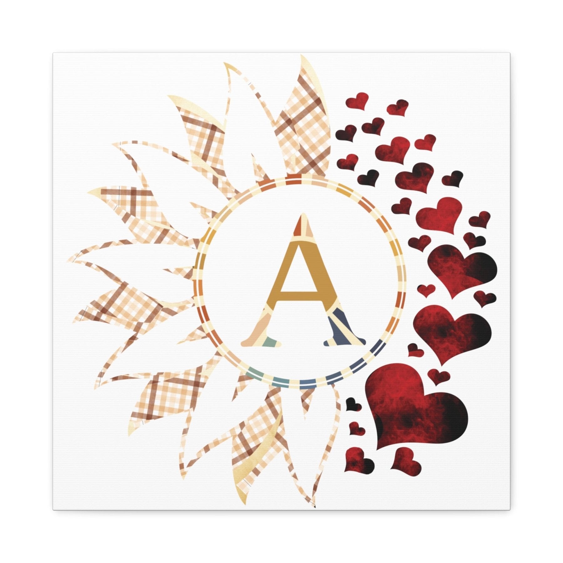 Flower & Hearts Personalized Monogram Canvas, Plaid Vintage & Red Hearts - Janlyn's Crafts